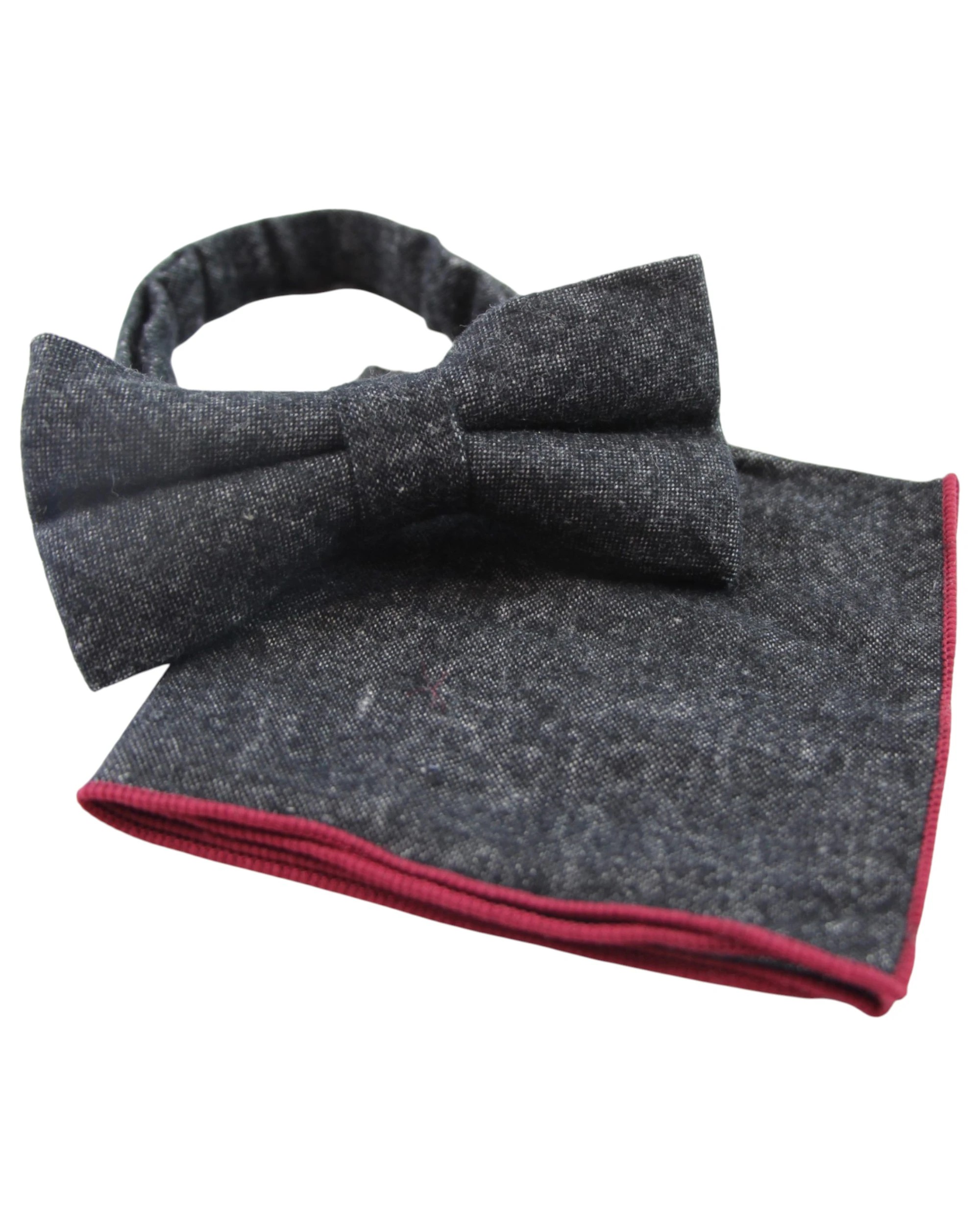 1 Zasel Mens Black Denim & Maroon Trim Cotton Bow Tie & Pocket Square Set - Multi, 1 of 4