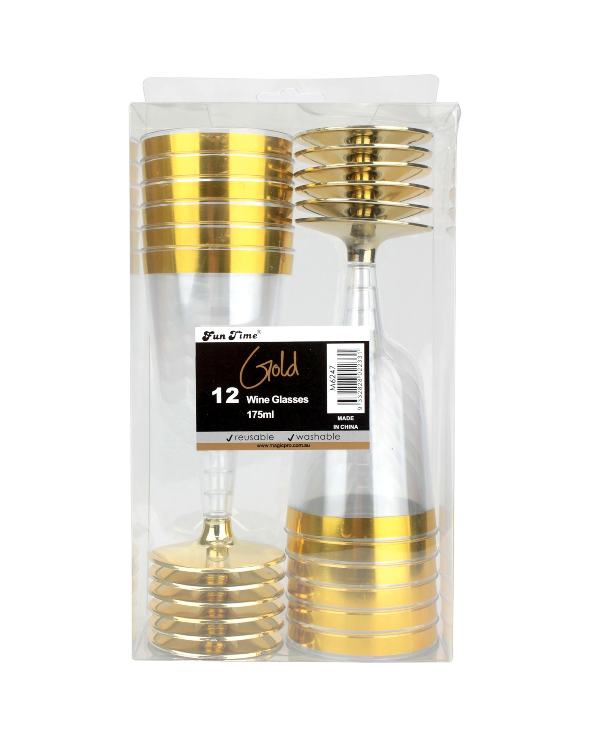 3 Fun Time Gold Trim Plastic Wine Glasses 175ml Pack of 12 - Gold, Clear, 3 of 3