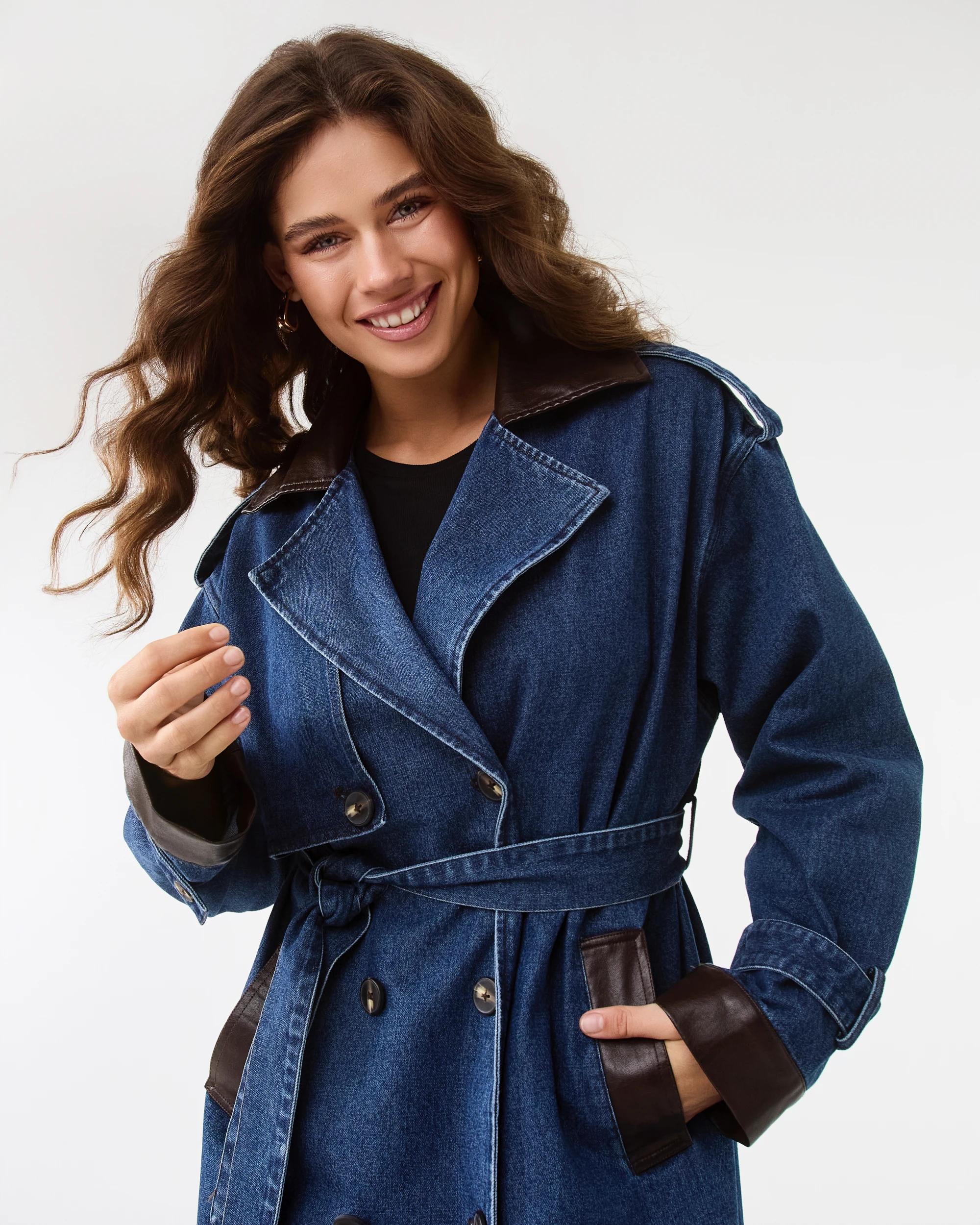 5 Leather Look Trim Denim Trench Coat Dark Wash, 5 of 9