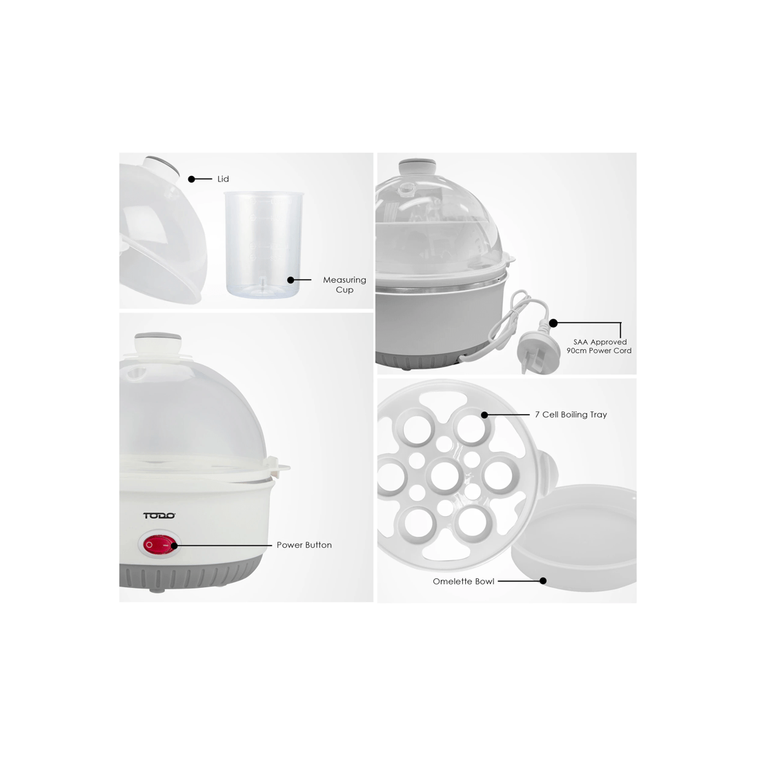 4 TODO 350W Egg Cooker Omelet Omelette 7 Cell Tray Electric Egg Maker - White, 4 of 6