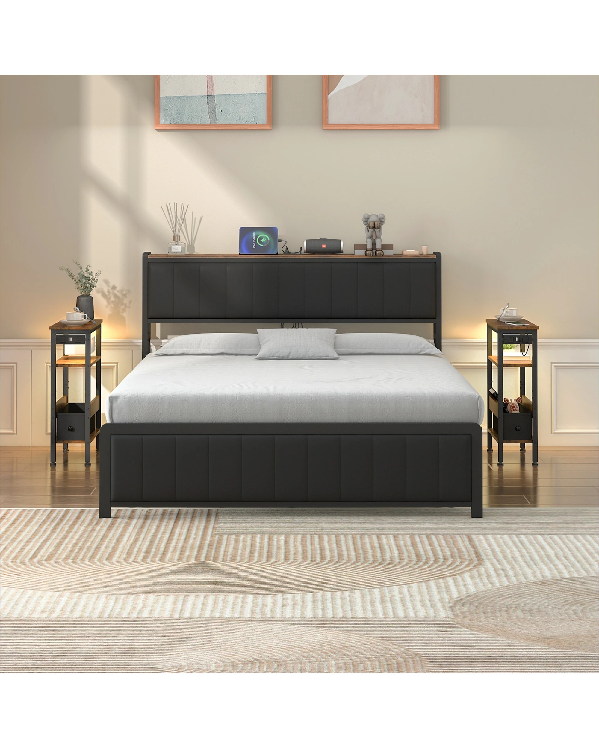 9 Advwin LED  Bedside Tables Set of 2 w/ Open Drawer & Open Shelf - Brown, 9 of 9