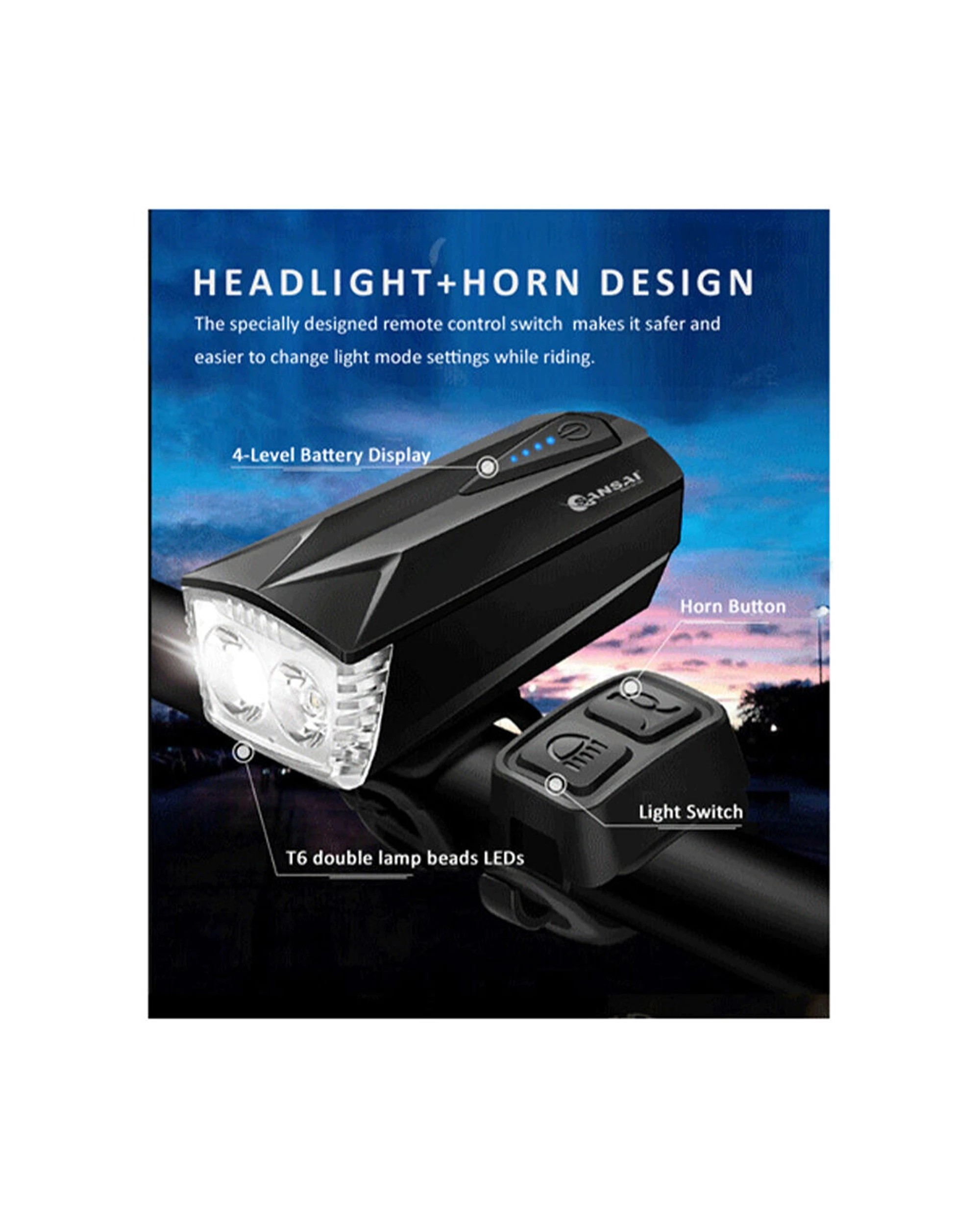 3 Sansai Rechargeable In Line Control Bicycle 5W LED Headlight with Horn - Black, 3 of 6