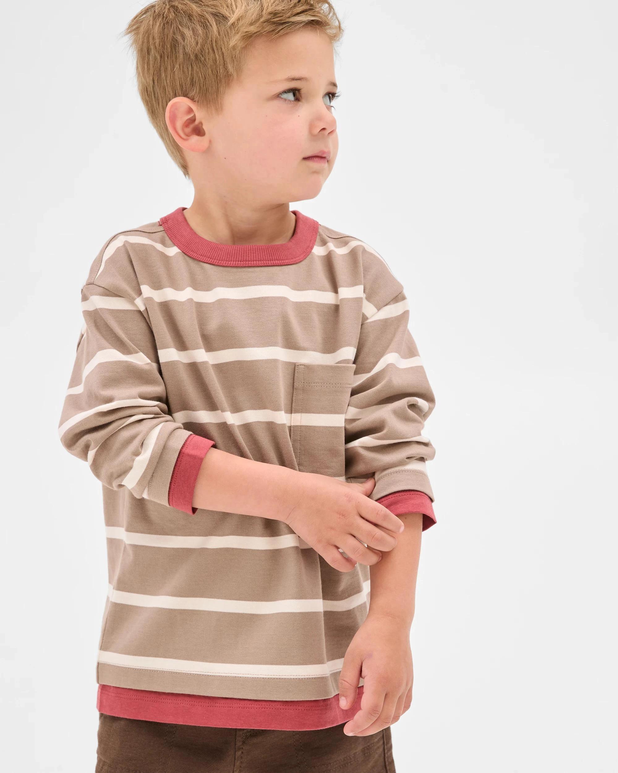 2 Target Kids Australian Cotton Stripe Long Sleeve Pocket T-Shirt TAUPE, 2 of 6