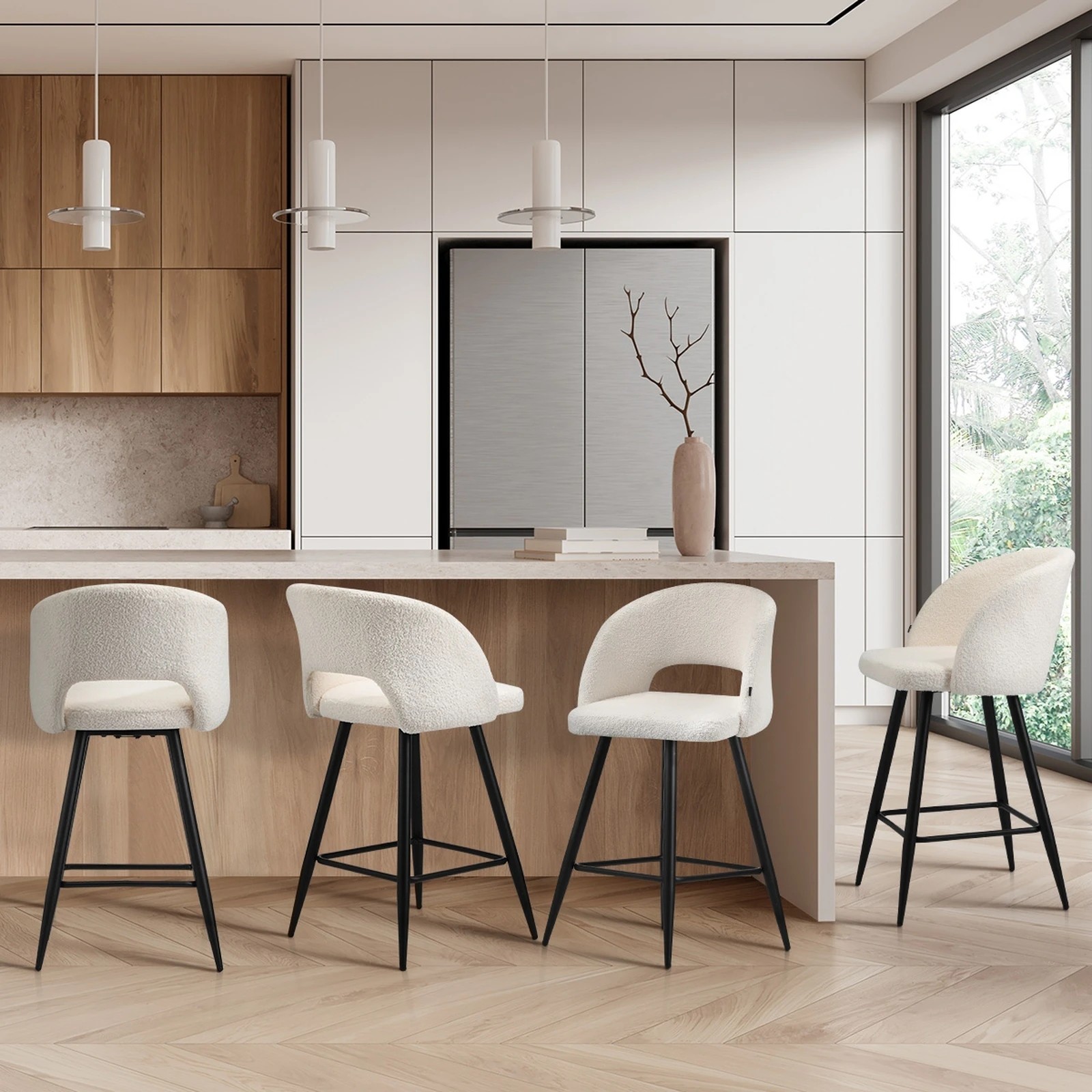 3 Oikiture 4x Bar Stools Kitchen Dining Chair Padded Chair Boucle Sura
 - White, 3 of 9