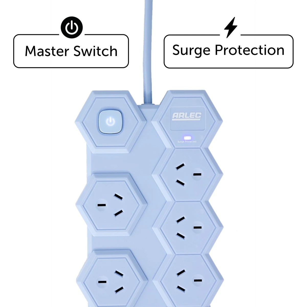 6 Arlec 8 Outlet Hexagon Wide Spaced Outlets & USB A & C Ports Powerboard - Blue, 6 of 7