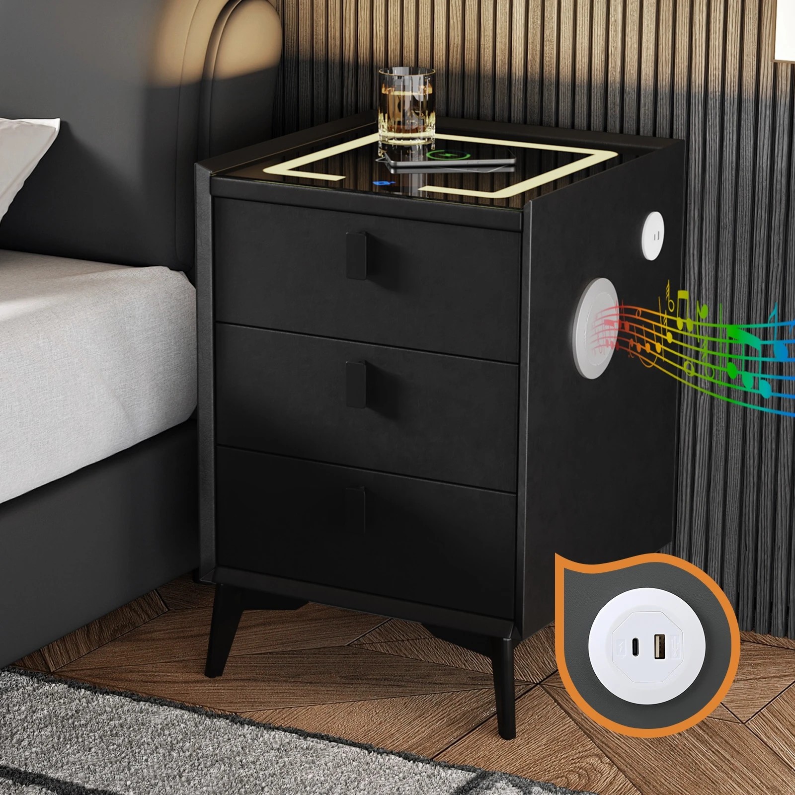 7 Oikiture Set of 2 Smart Bedside Tables Wireless Charging LED Lights 3 Drawers - Black, 7 of 7