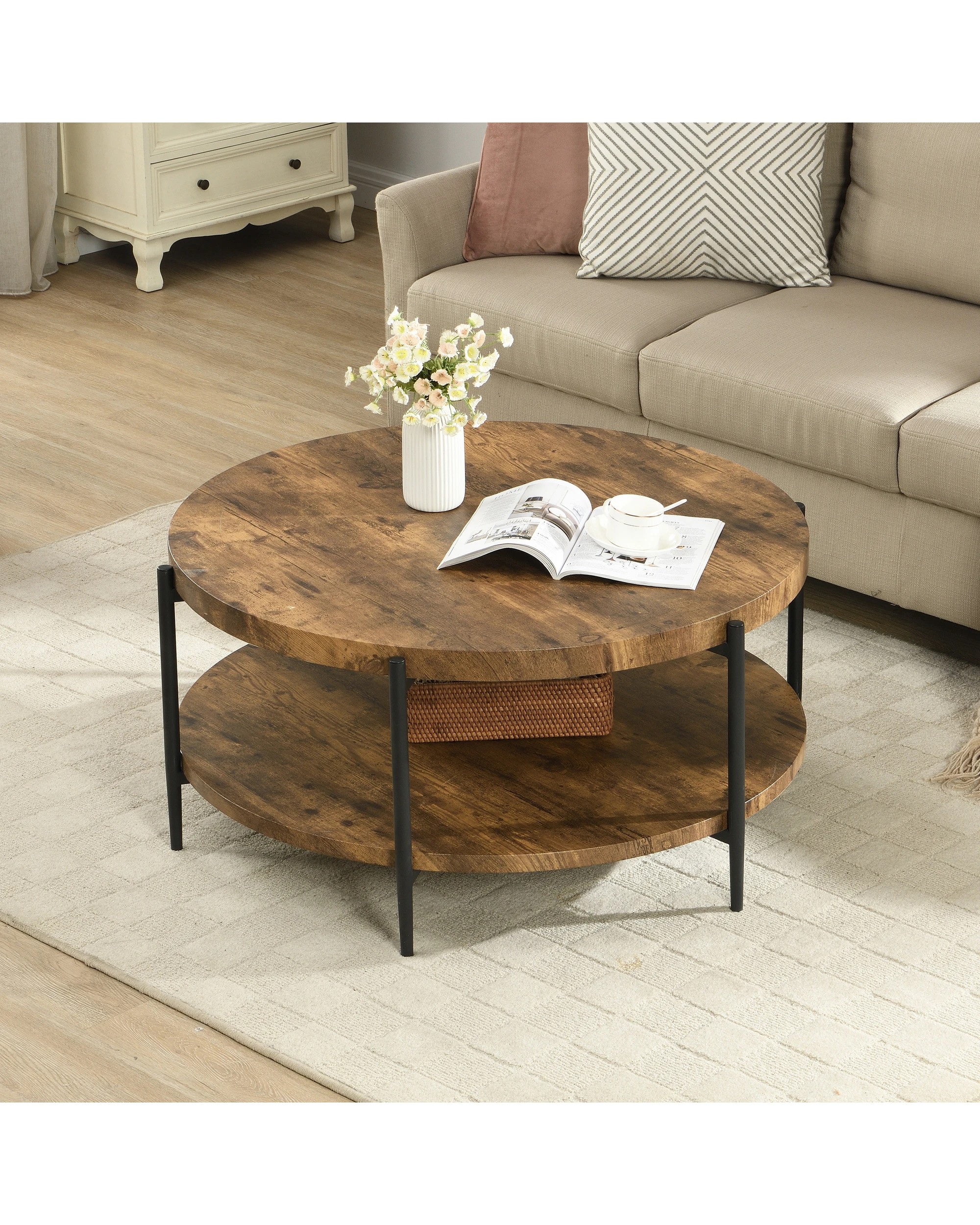 3 IHOMDEC 2-Tier Wooden Round Coffee Table - Brown, 3 of 10