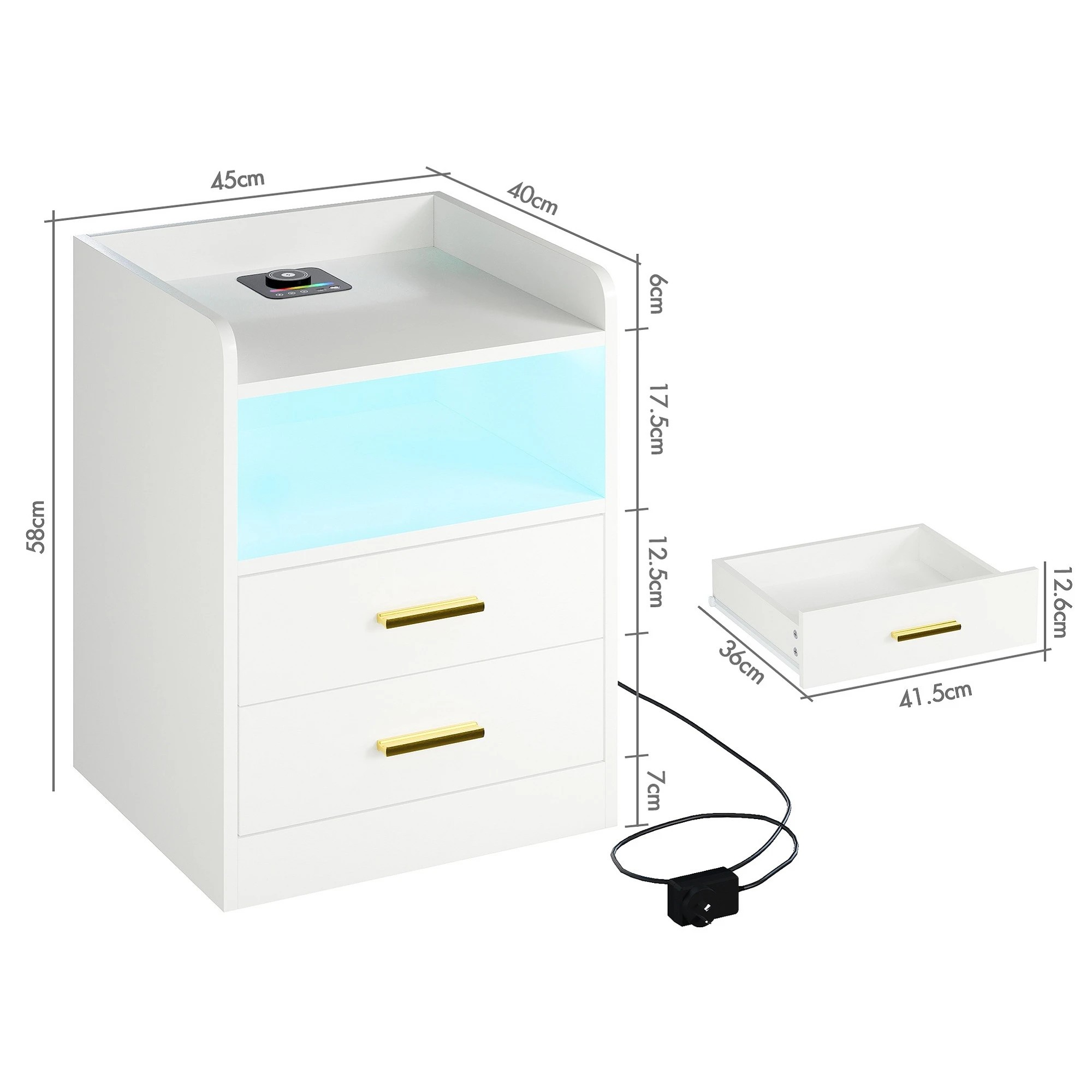 3 Advwin Bedside Table 2 Drawers Led Nightstand Wireless Charging Station, 3 of 8