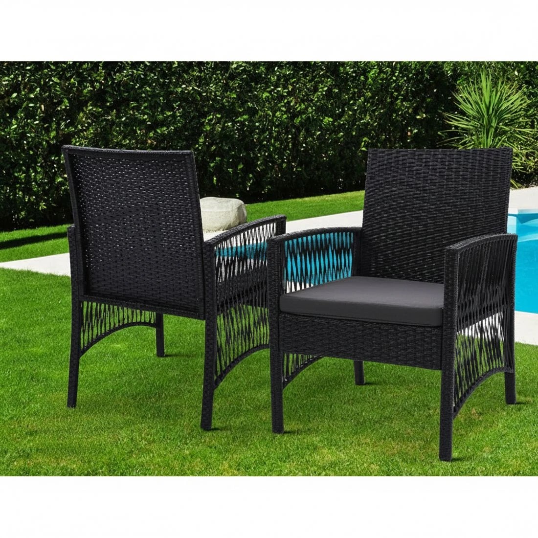 3 Gardeon 3PC Bistro Set Outdoor Furniture Rattan Table Chairs Cushion Patio - Black, 3 of 5