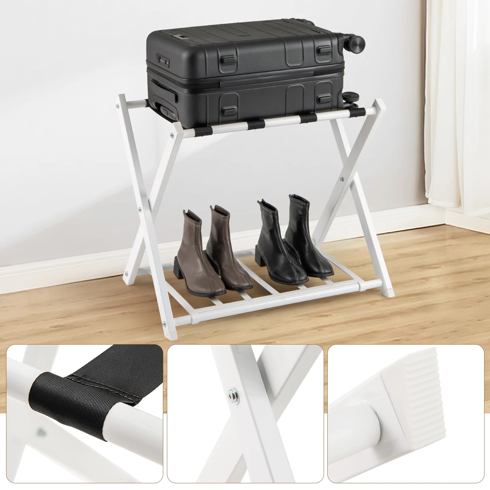 3 Costway 2x Folding Iron Luggage Rack Suitcase Stand w/Shelf Bag Suitcase Storage - White, 3 of 4