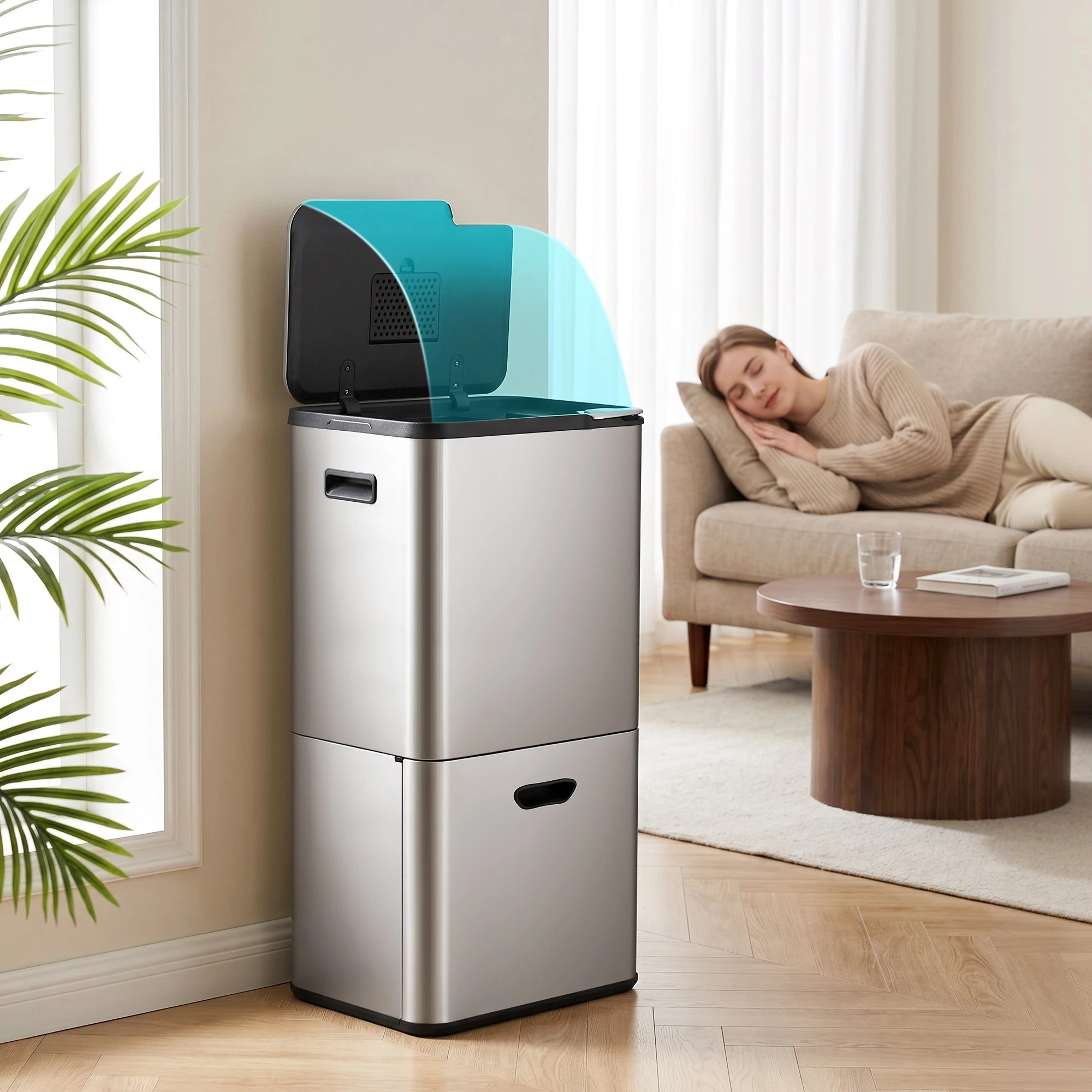 Cefito 63L Rubbish Bin 3 Compartment Stainless Steel Split Door Trash ...