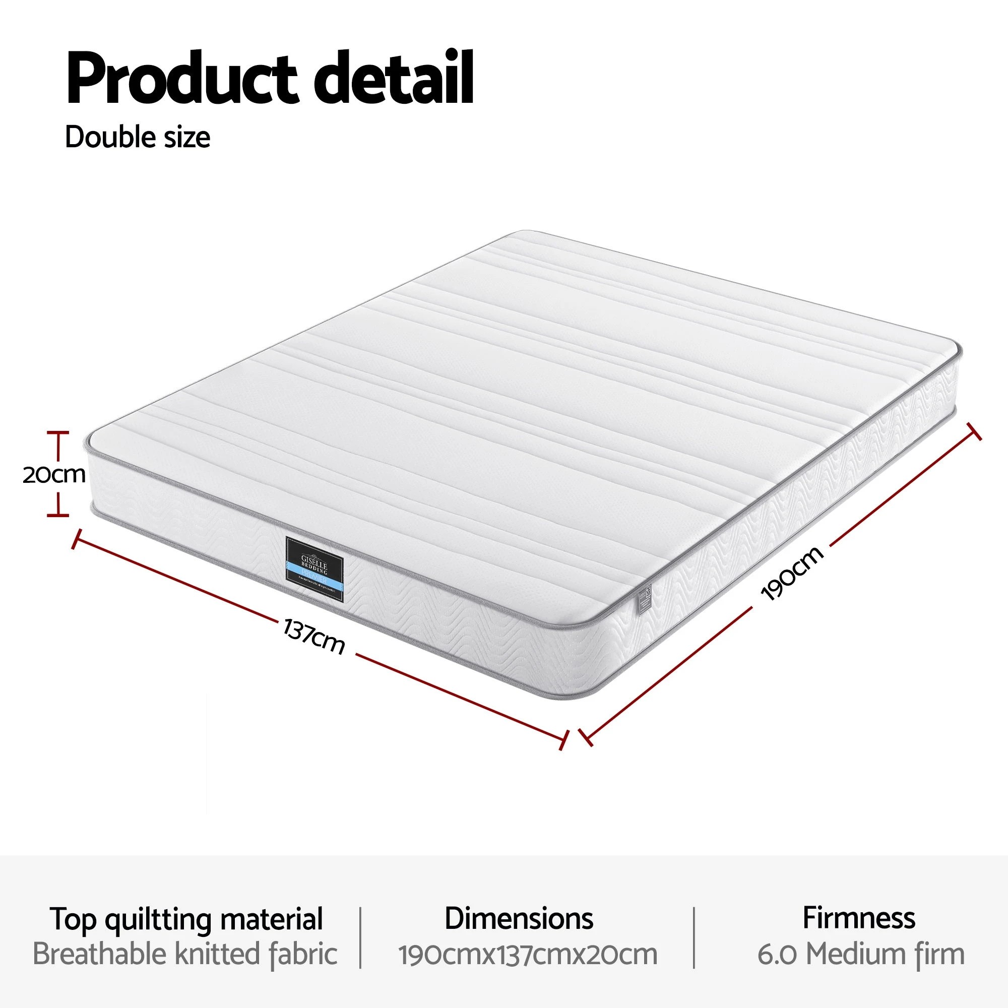 2 Giselle Double Mattress 20cm with Reinforced Edge Support Egg-Crate - Double Bed - White, 2 of 3