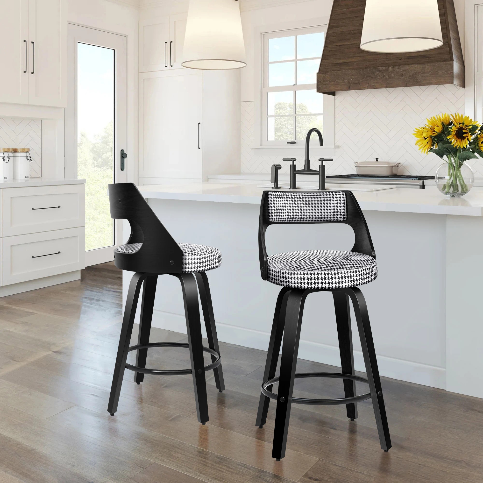 4 Alfordson 2x Swivel Bar Stools 65cm Houndstooth Kitchen Dining Chair - Black, 4 of 9