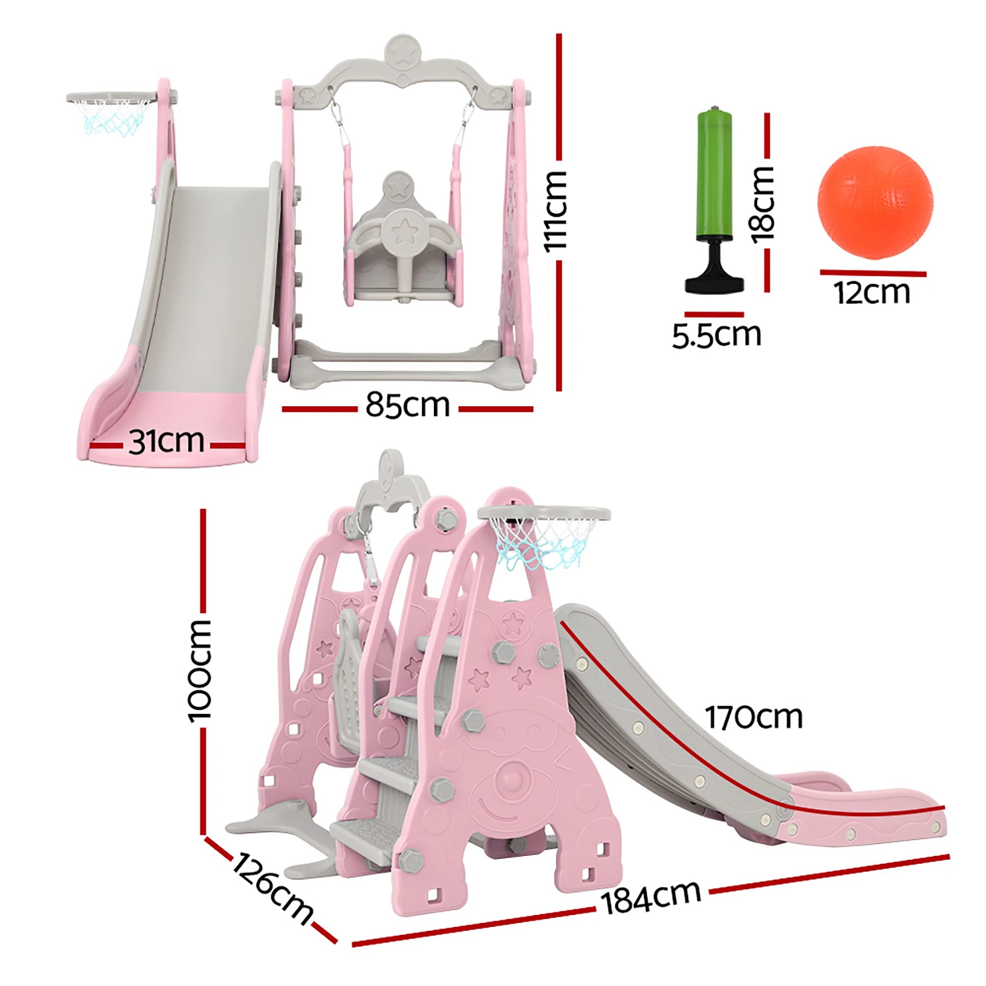 3 Keezi Kids Slide Swing Set Basketball Hoop Outdoor Playground Toys 170cm - Pink, 3 of 9