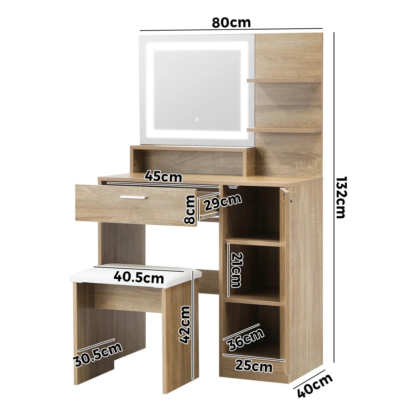 9 Oikiture Dressing Table Stool Set Makeup Mirror Led Light Large Cabinet
 - Natural, 9 of 9