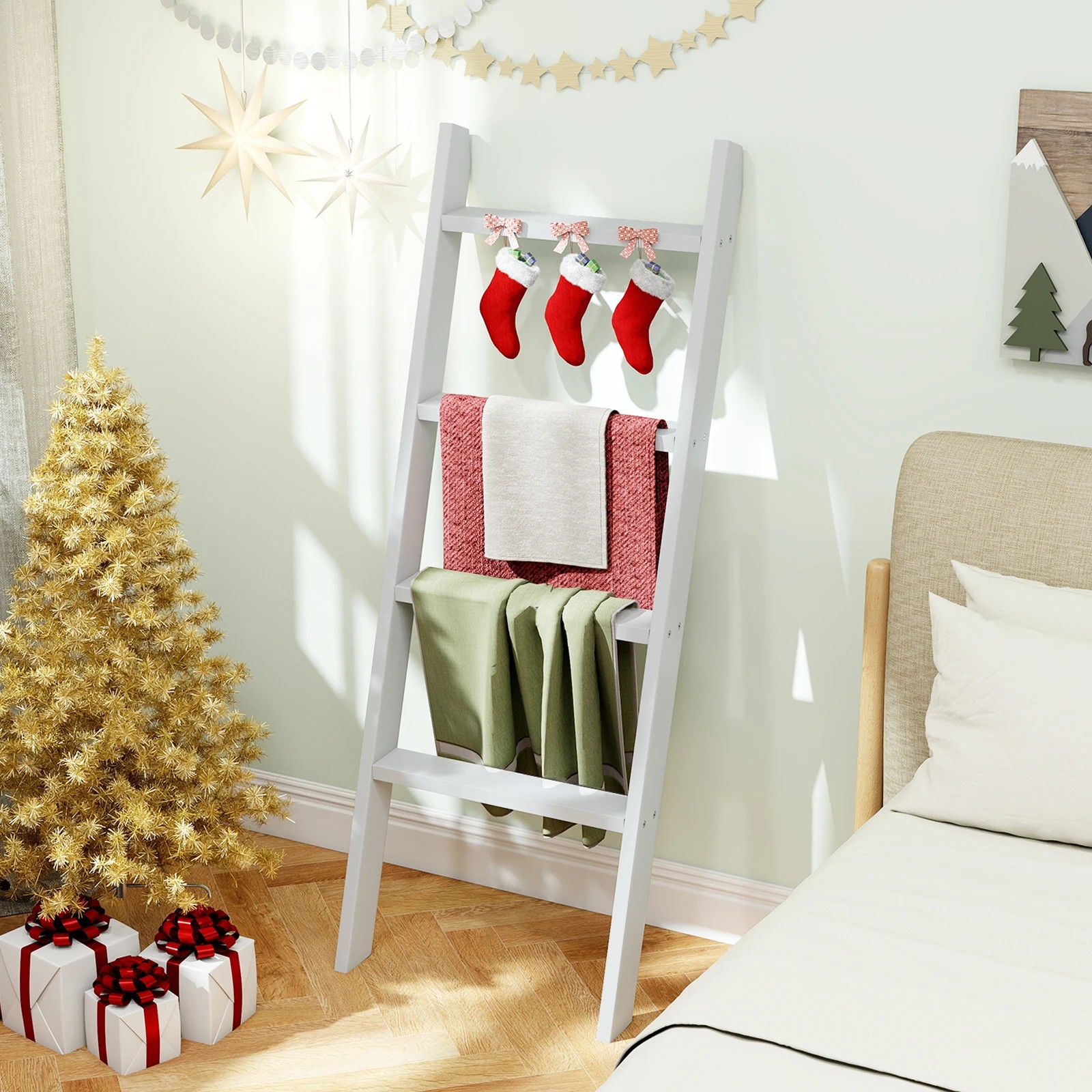 3 Costway 4-Tier Wall Leaning Blanket Ladder Wood Blankets Holder Towel Rack - Grey, 3 of 4