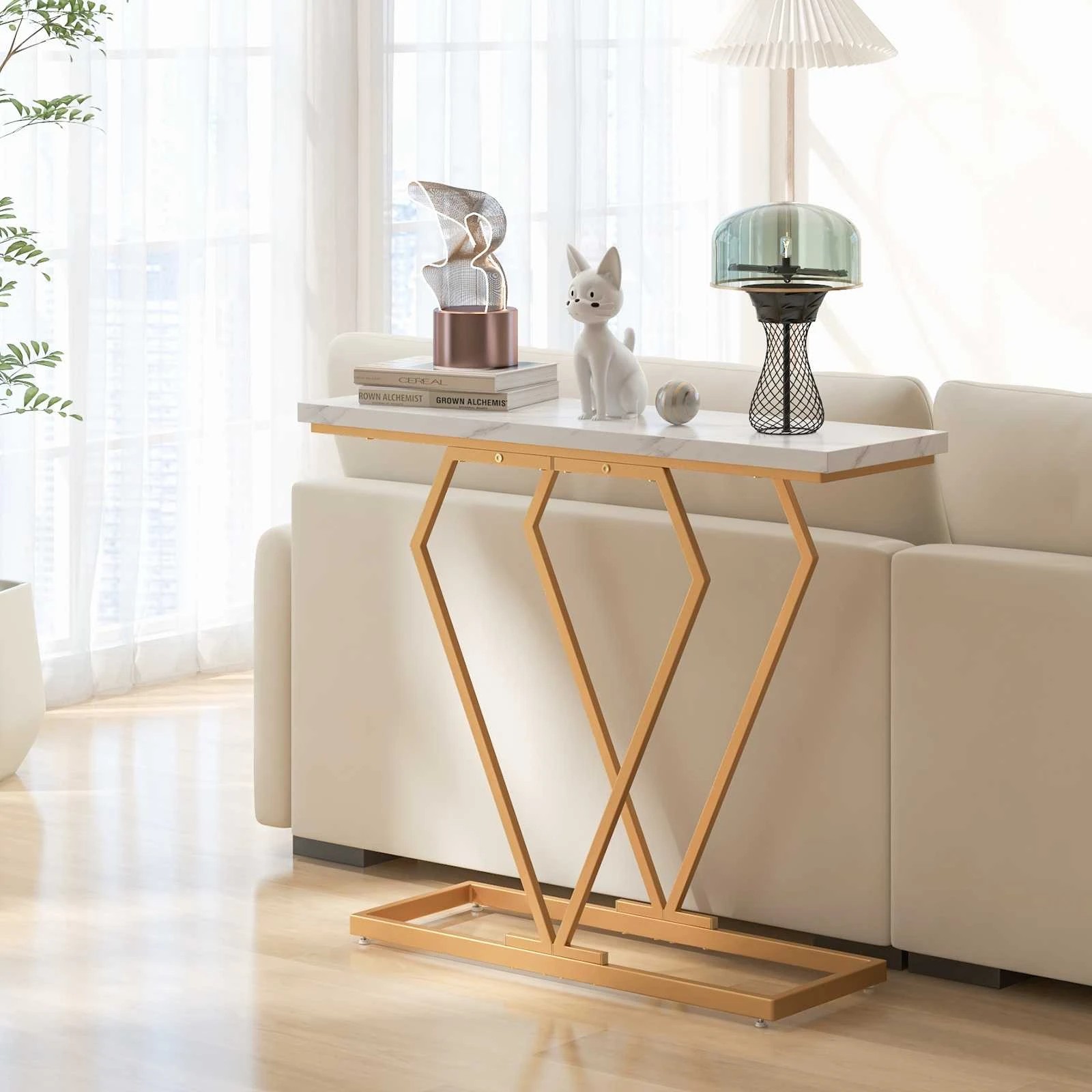 3 Costway 100cm Console Table Narrow Accent Table Faux Marble Entryway Table Gold, 3 of 4
