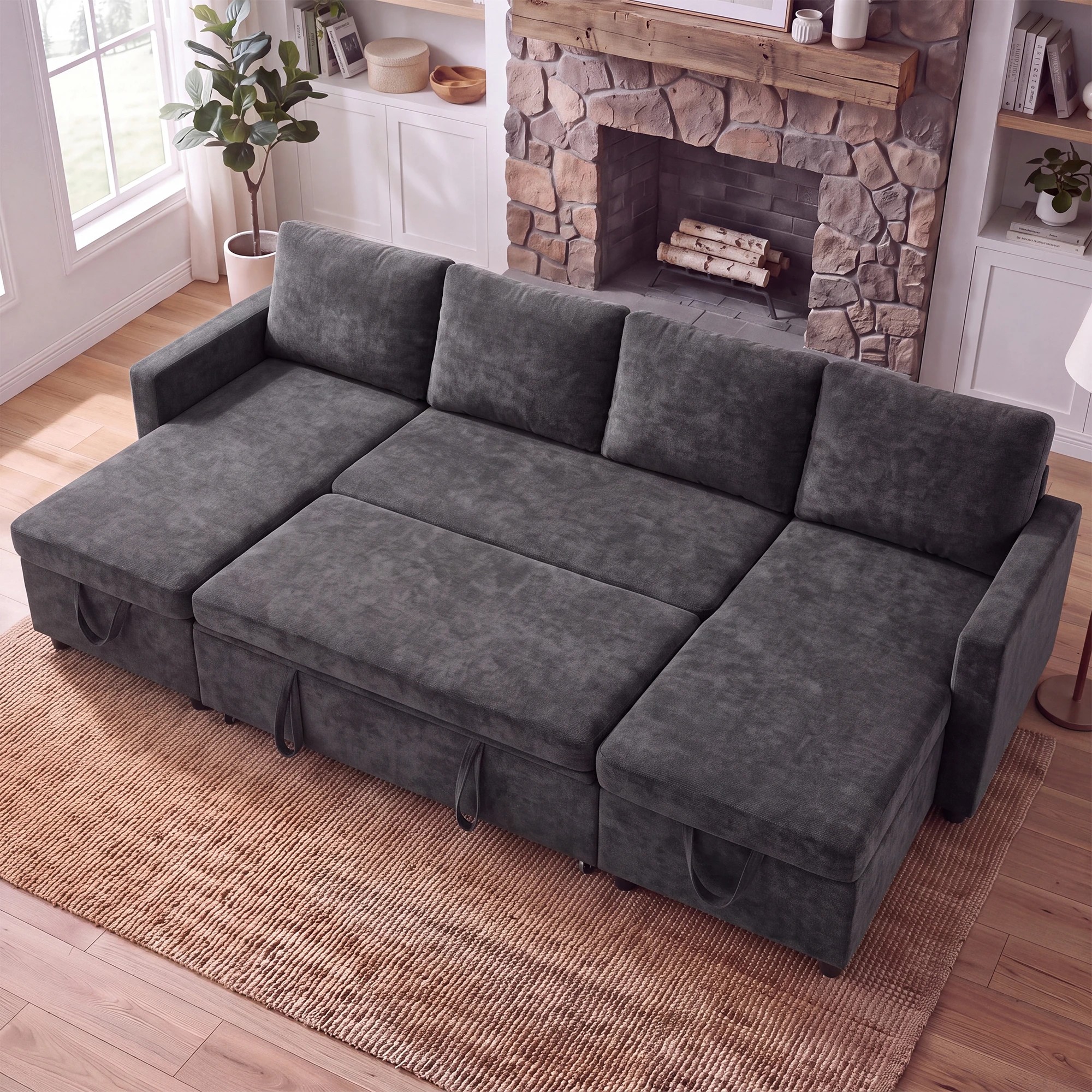 4 Advwin 253cm Sofa with Pull Out Bed U Shaped Chenille Convertible Sleeper Sofa Bed with Double Storage Chaise - Grey, 4 of 9