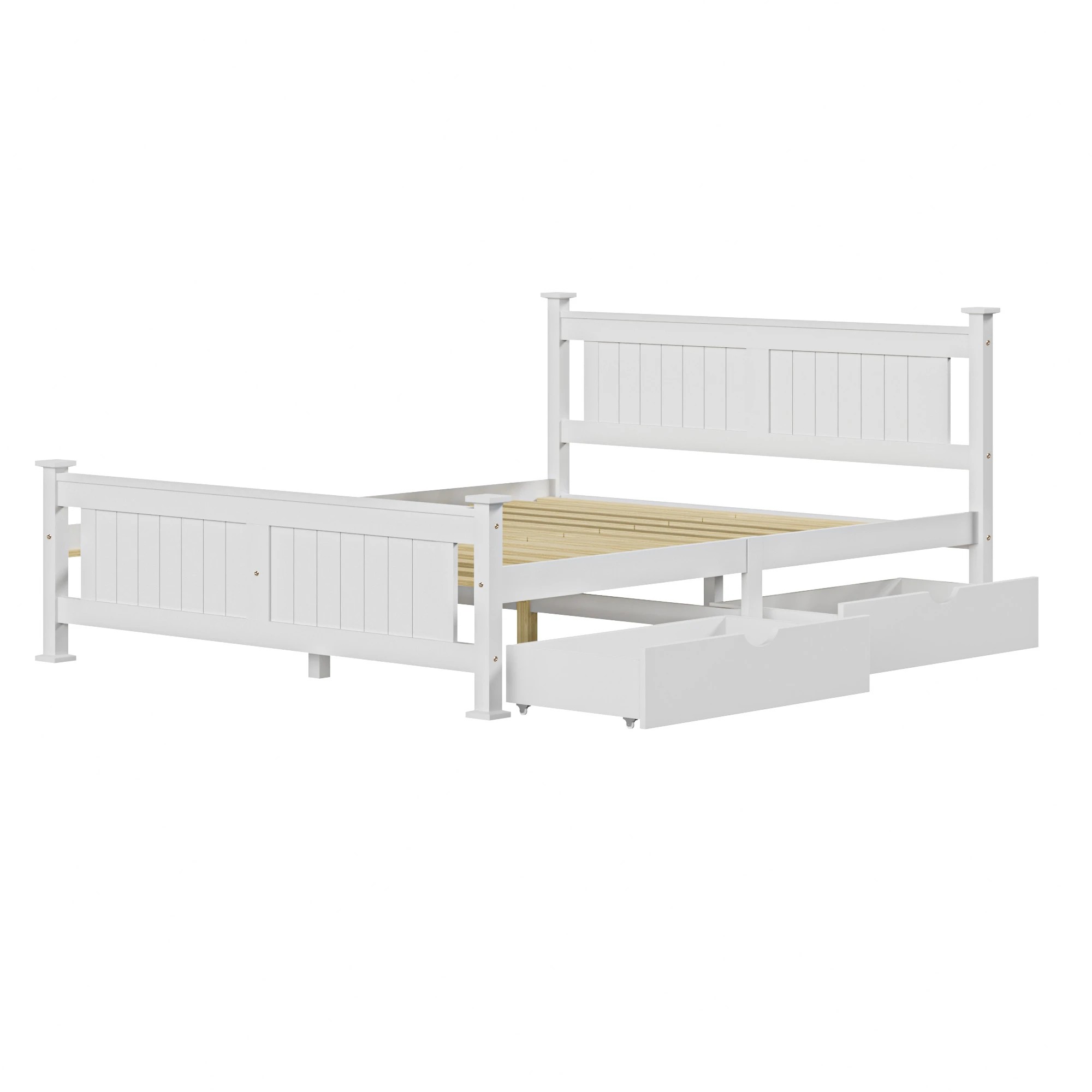 1 Oikiture Solid Pine Wood Bed Frame with 2 Trundle Drawers Queen - White, 1 of 7