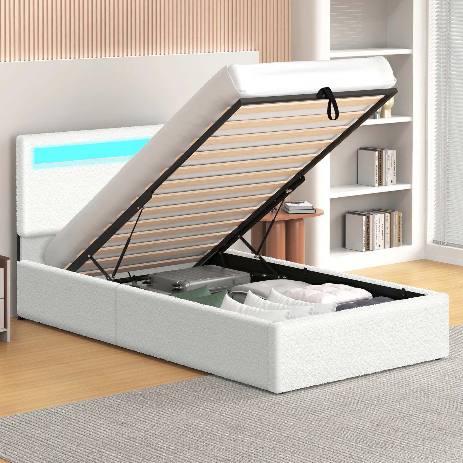 4 Alfordson Bed Frame Single Size RGB LED Gas Lift Storage Base Boucle Luchino - White, 4 of 10