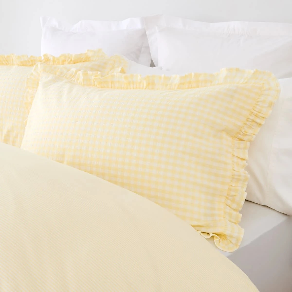 3 Gingham Ruffle Cotton Quilt Cover Set - Queen Bed, Butter, 3 of 7