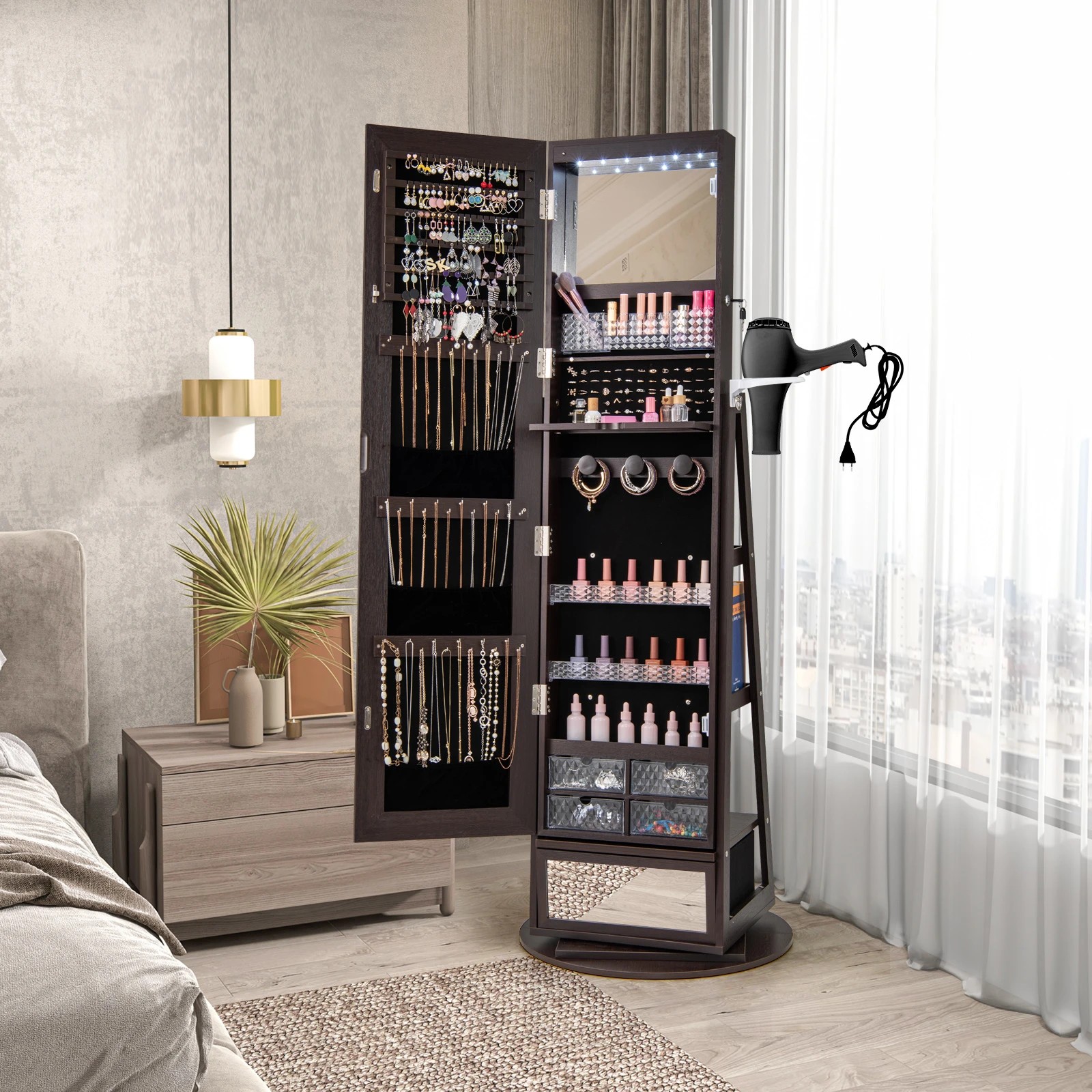 3 Costway Rotatable Jewellery Storage Armoire Lighted Mirror Cabinet Makeup Jewelry Organizer - Brown, 3 of 5