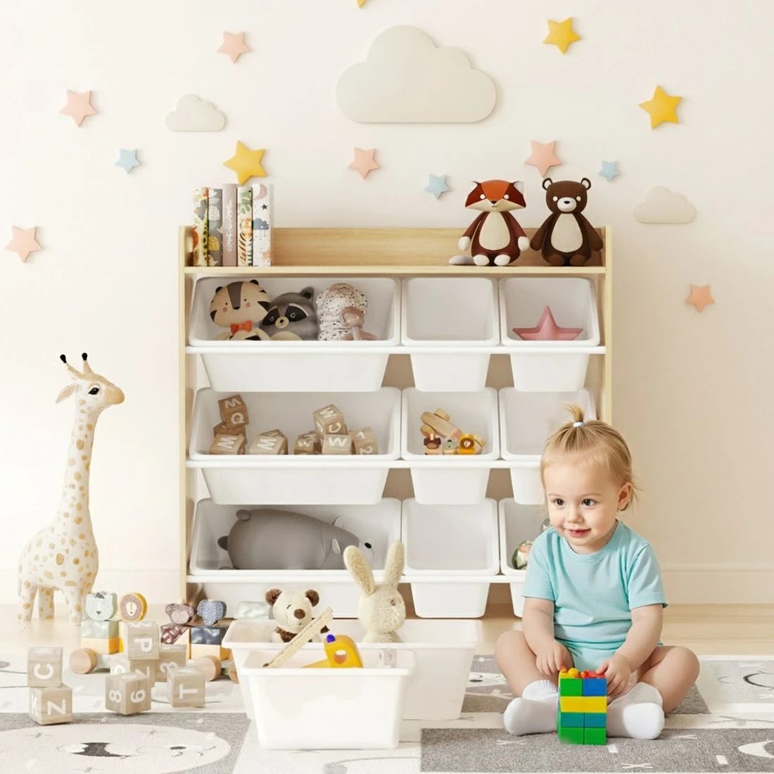 6 Keezi Kids Toy Box 9 Bins Bookshelf Organiser Display Shelf Storage Rack en - Natural, 6 of 6