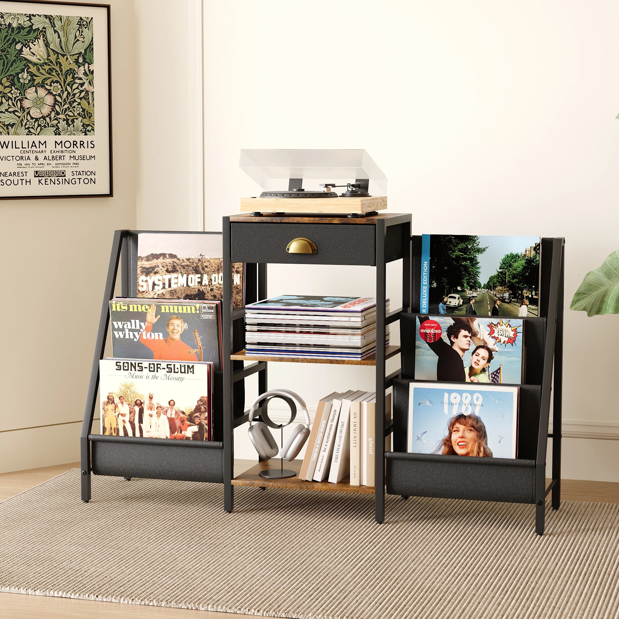 6 Advwin Storage Record Player Stand w/6 Pockets and Drawer Record Table Stand Storage Up to 200 Albums, 6 of 10