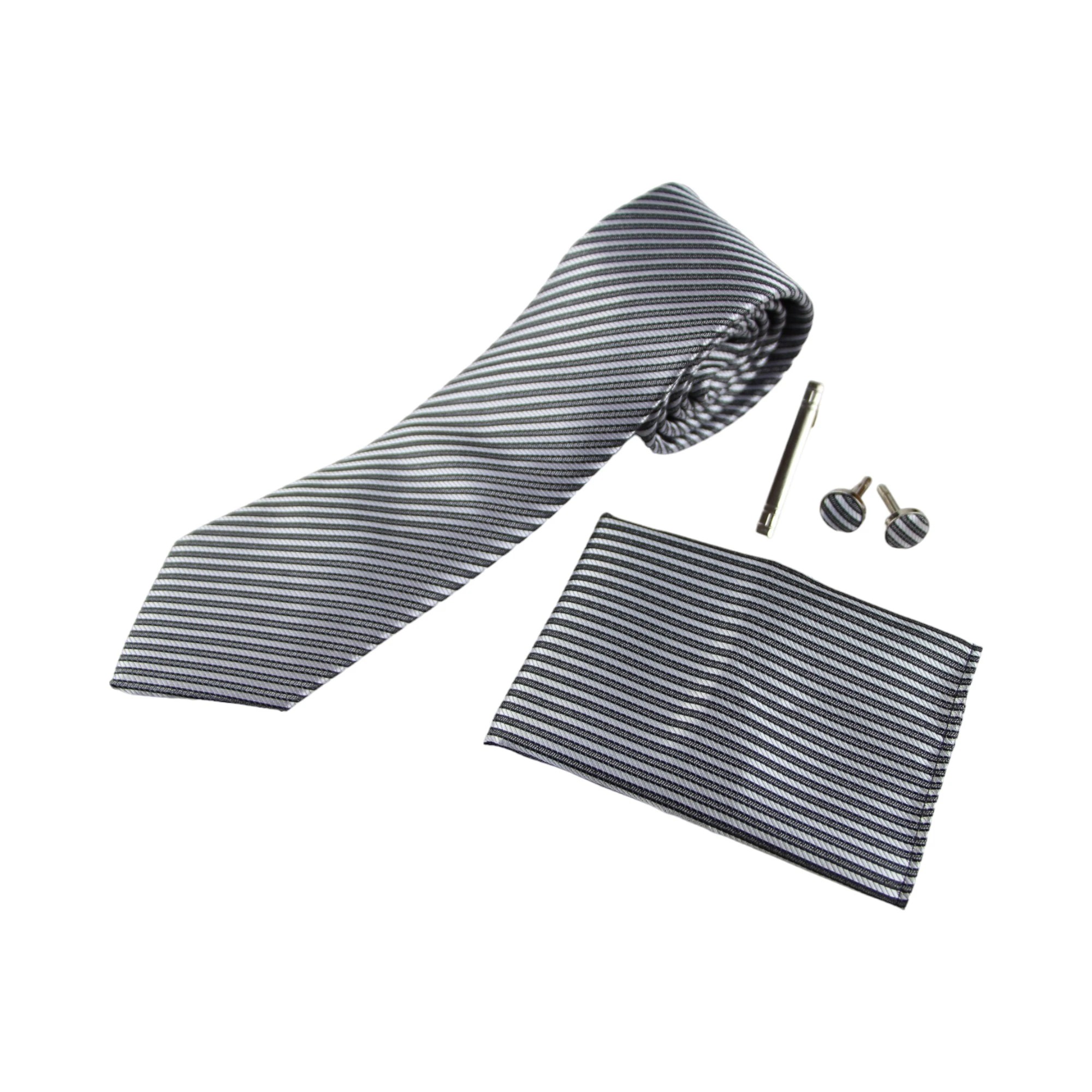2 Zasel Mens Gunmetal & Silver Striped Matching Neck Tie, Pocket Square, Cuff Links And Tie Clip Set - Multi - Multi, 2 of 4