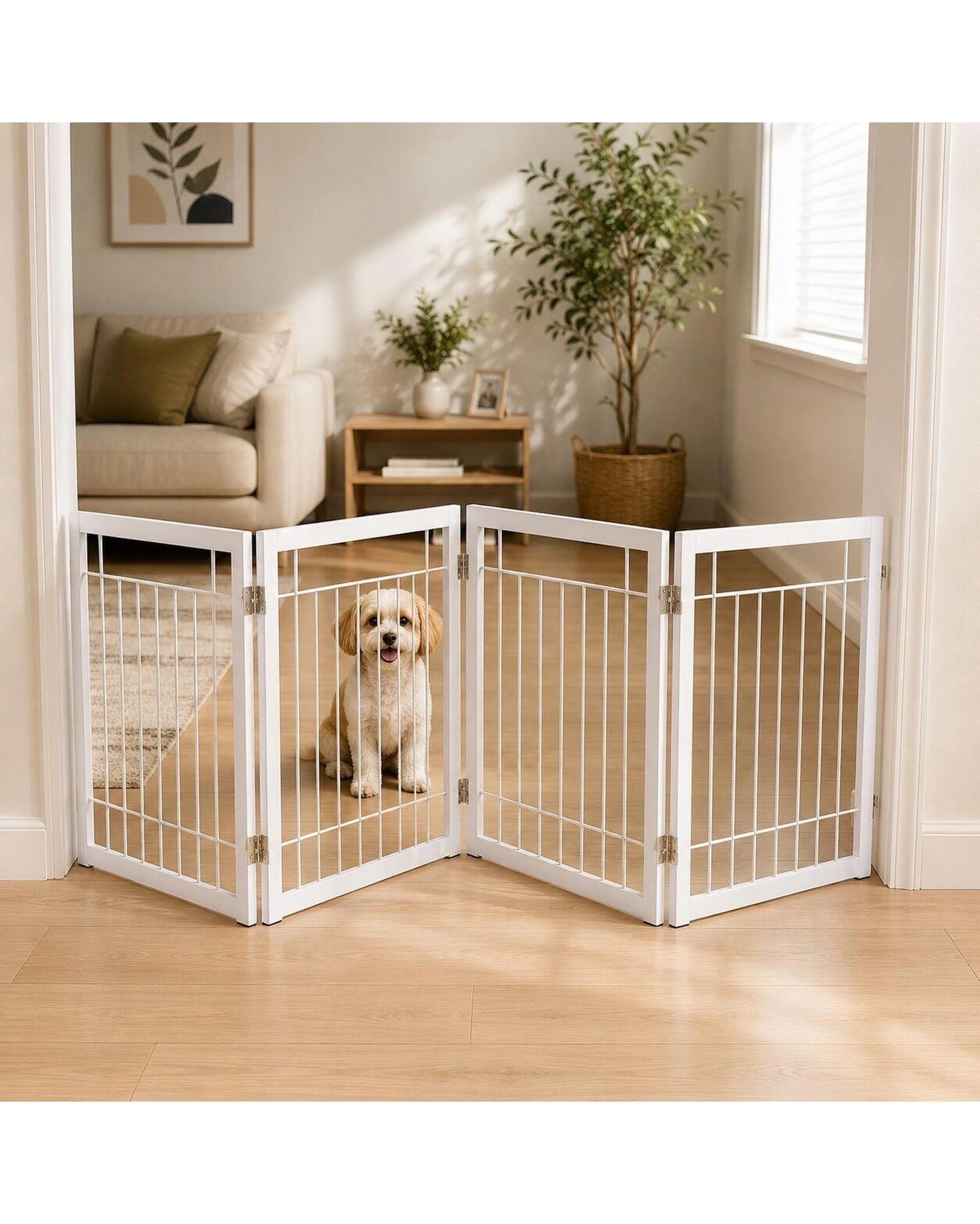 10 HelloFurniture Freestanding Metal Pet Gate 4 Panel Foldable Fence White - White - Pet Gate - Iron, 10 of 10