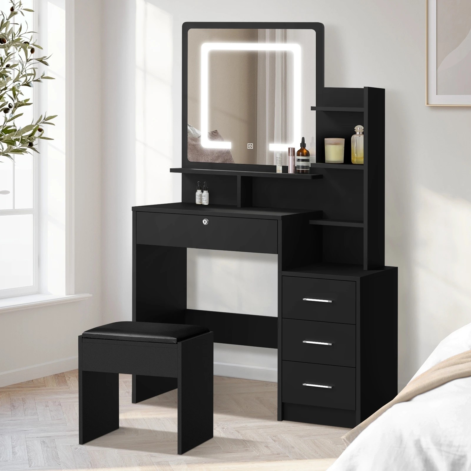 2 Oikiture Dressing Table Stool Set Makeup Mirror Led Light Storage Cabinet
 - Black, 2 of 9