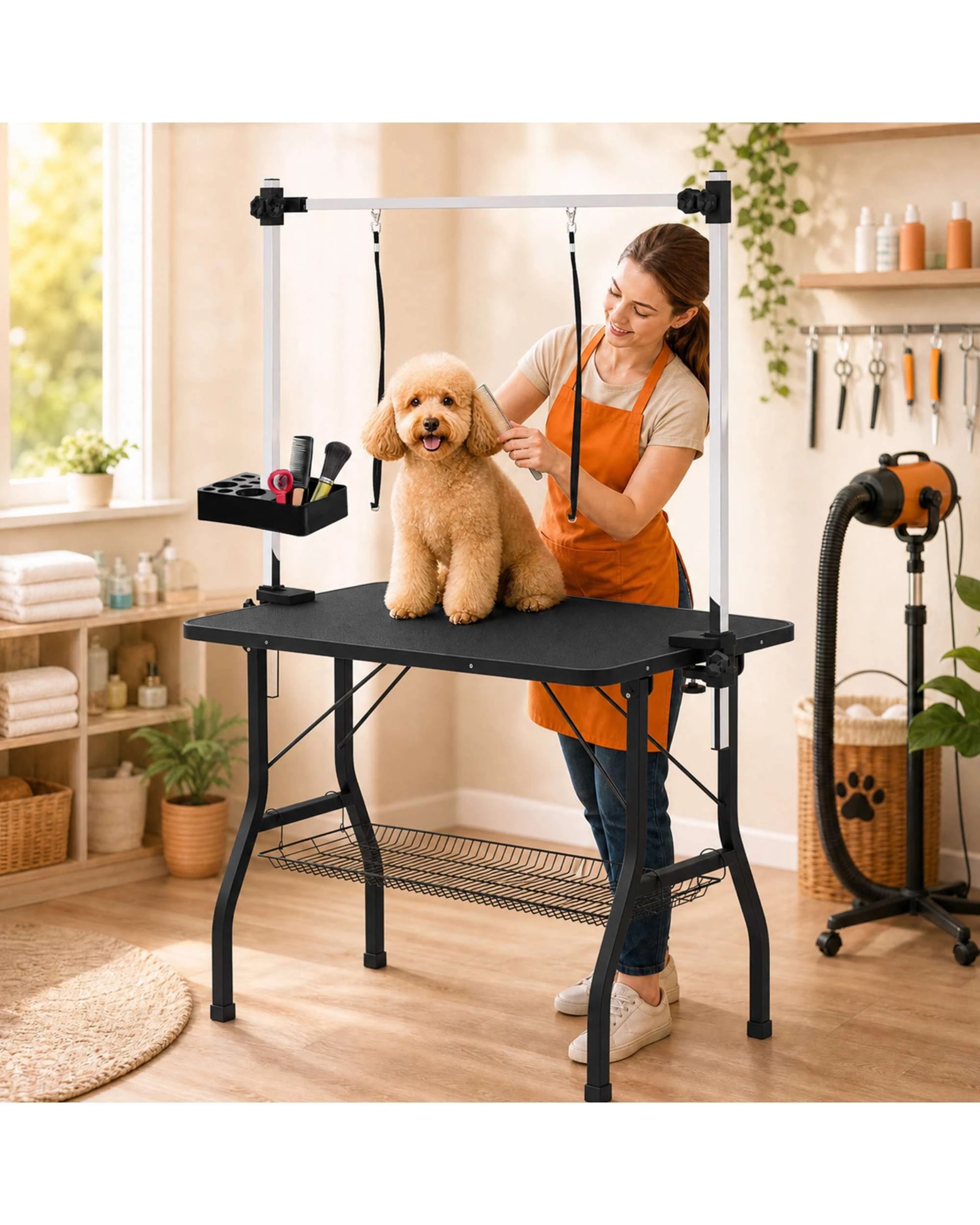 2 Advwin Pet Grooming Table with Storage Basket & Pet Hair Dryer, Height Adjustable Anti‑Slip Grooming Set, 2 of 10