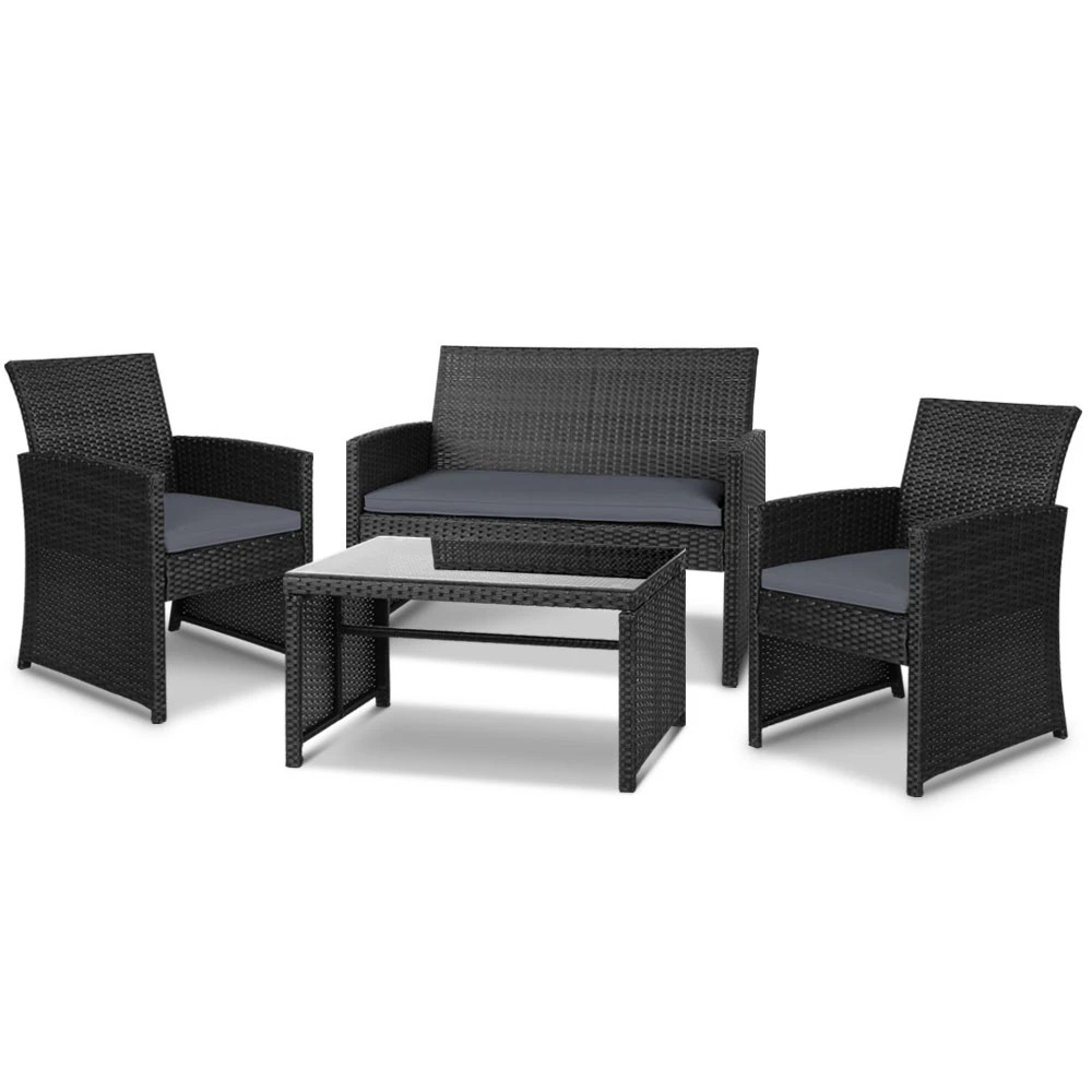 1 Gardeon 4 PCS Outdoor Sofa Set Rattan Chair Table Setting Garden Furniture - Black, 1 of 6