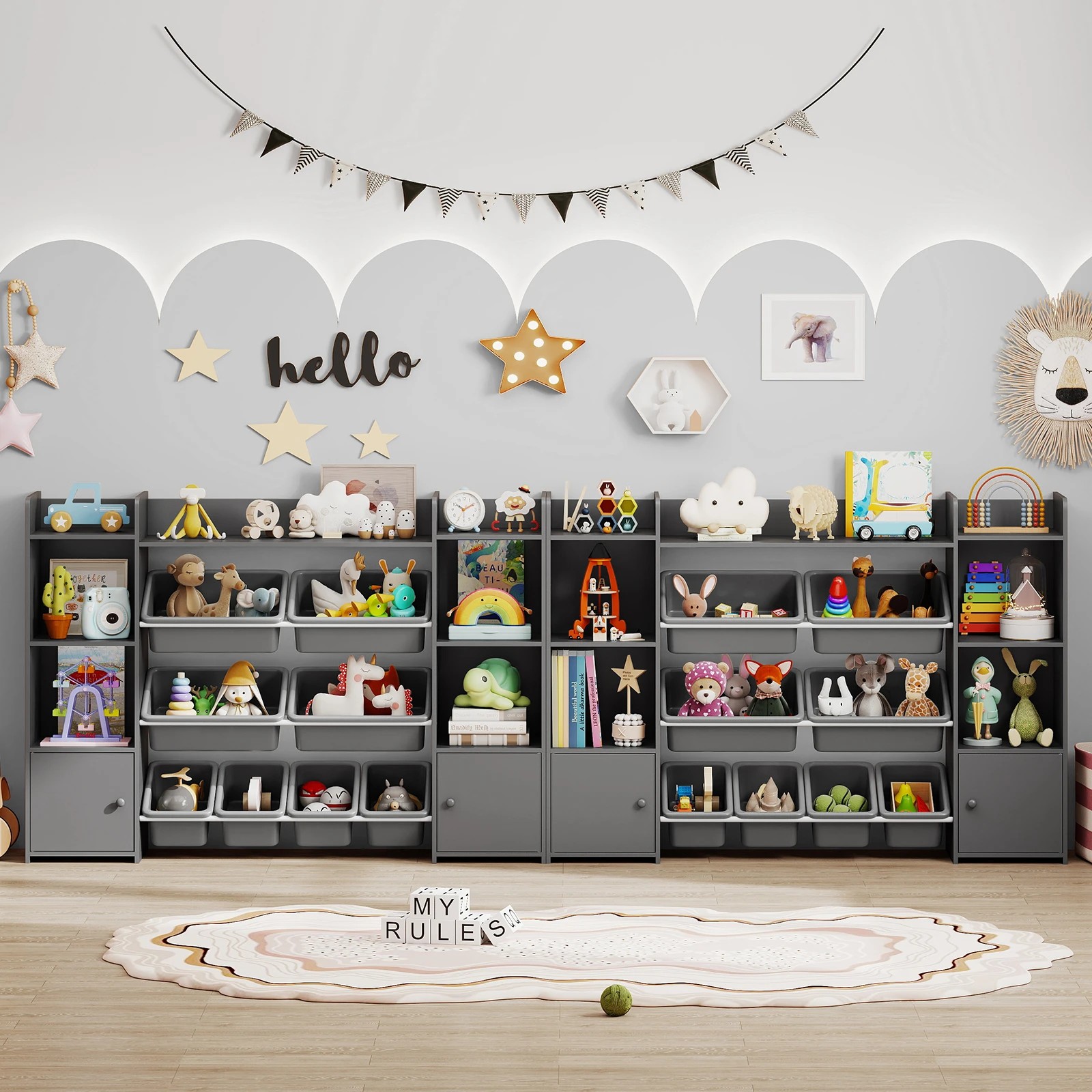 4 Costway Toy Storage Organiser Bookcase Toy Display Shelf w/& Plastic Bins - Grey, 4 of 4