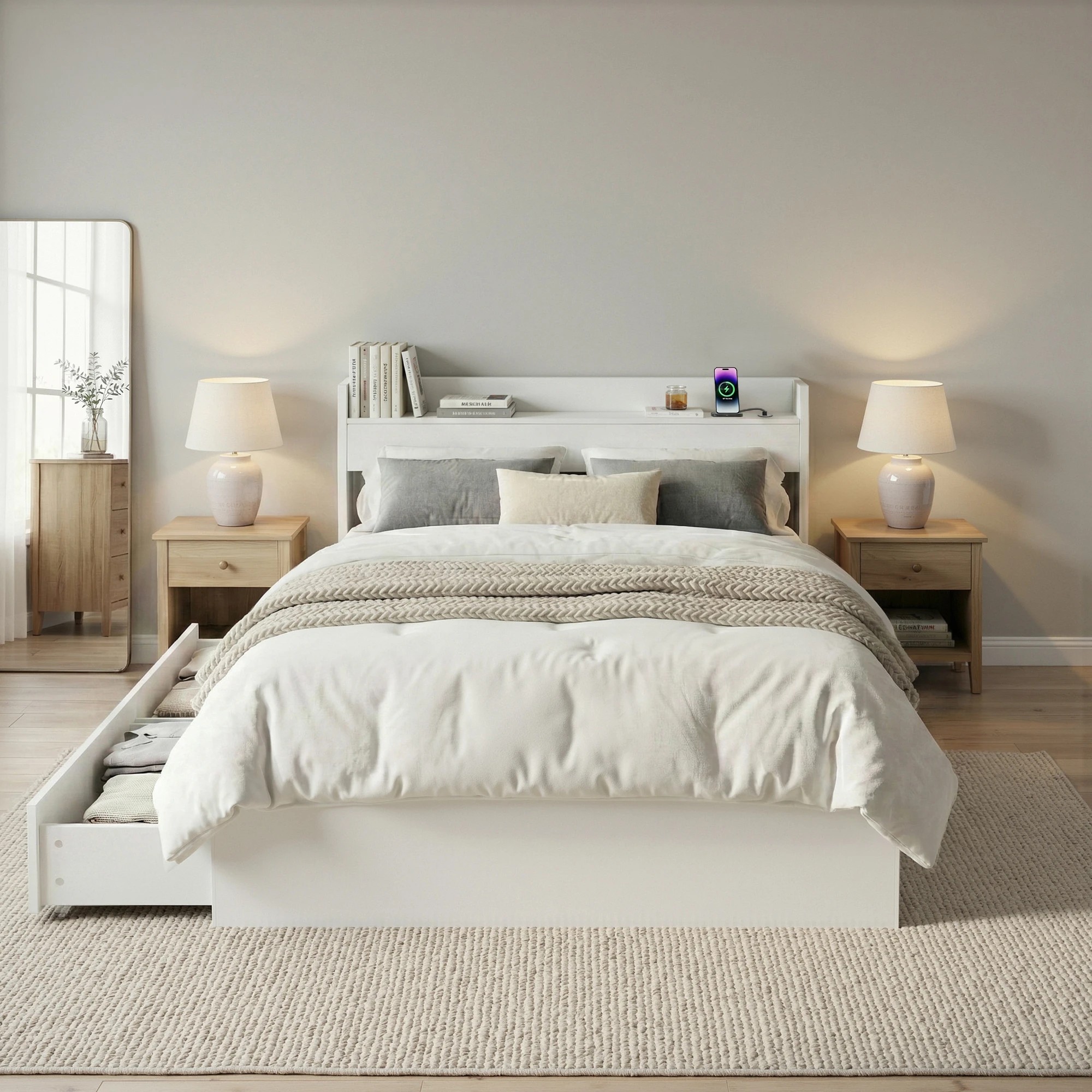 9 Artiss Bed Frame King Single Size with Charging Ports and 2 Drawers - White, 9 of 10