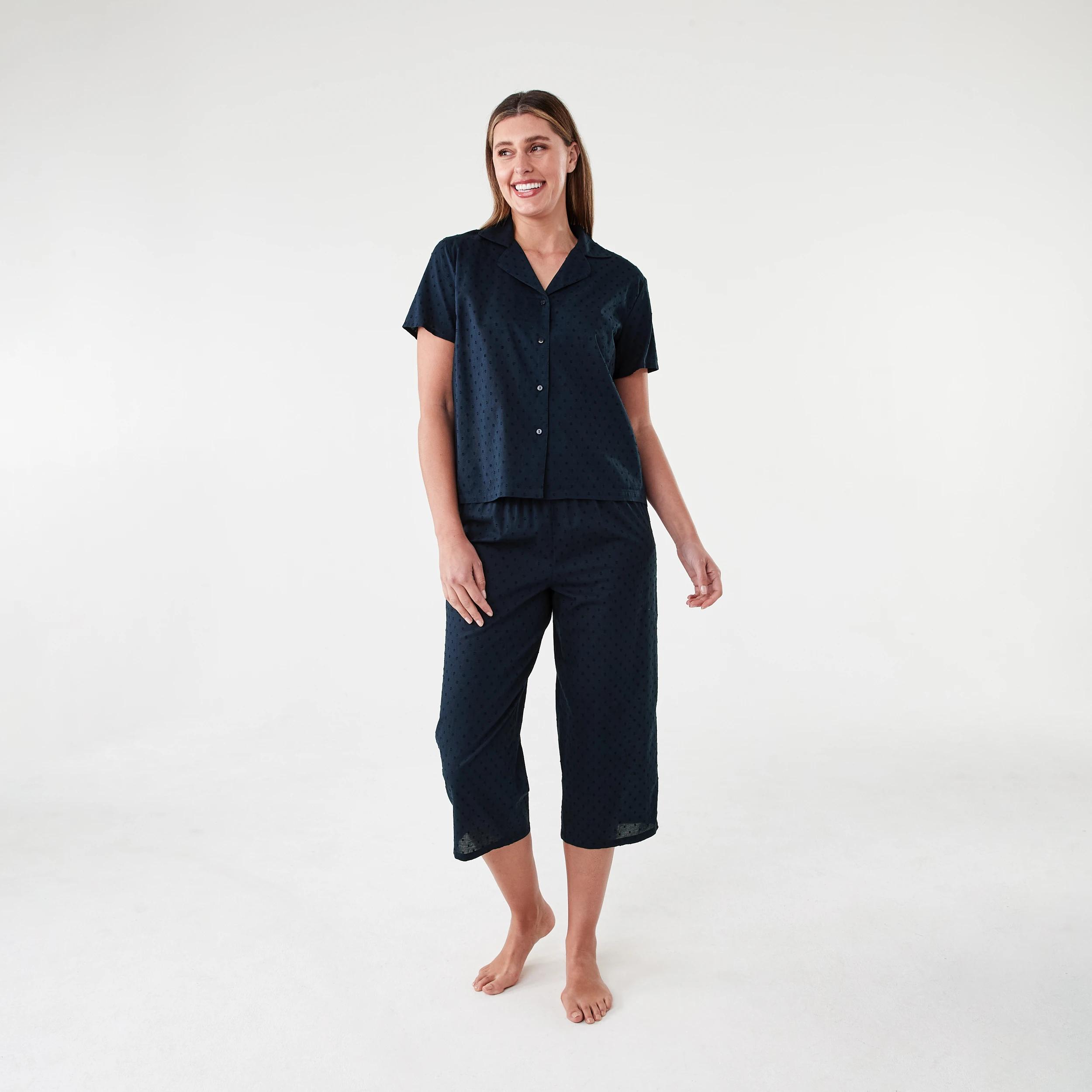 1 Short Sleeve Top and 3/4 Pants Dobby Pyjama Set Navy Blaze, 1 of 6