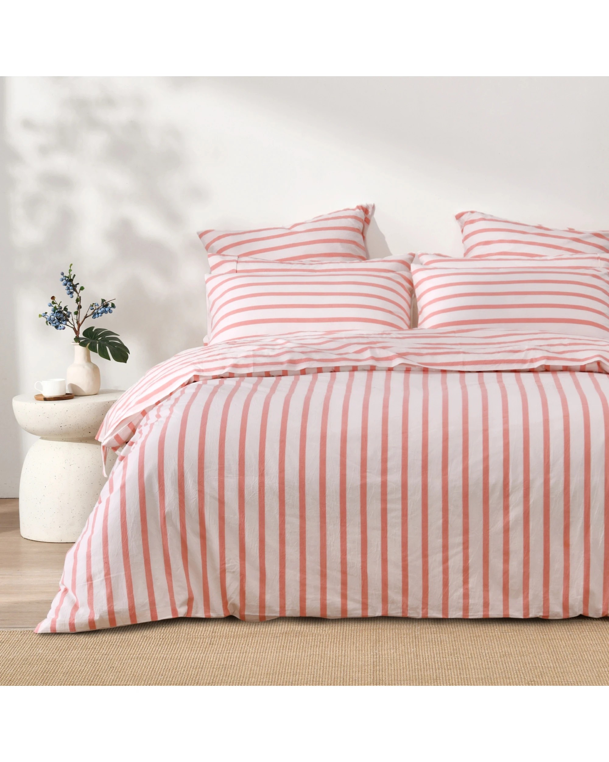 1 Dreamaker Bask Yarn Dyed Washed Cotton Striped Quilt Cover Set - King Single Bed - Coral, 1 of 7