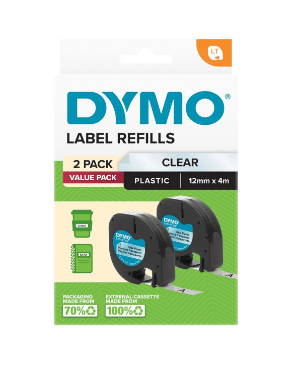 DYMO LetraTag Plastic Label Tape 12mm Black on Clear 2 Pack