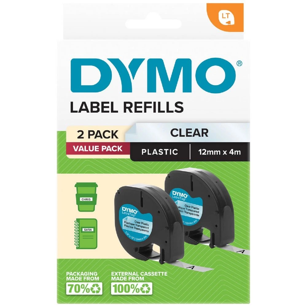 1 DYMO LetraTag Plastic Label Tape 12mm Black on Clear 2 Pack, 1 of 1