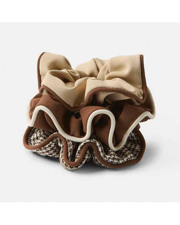 3 Pack Brown and Beige Contrast Trim Scrunchies
