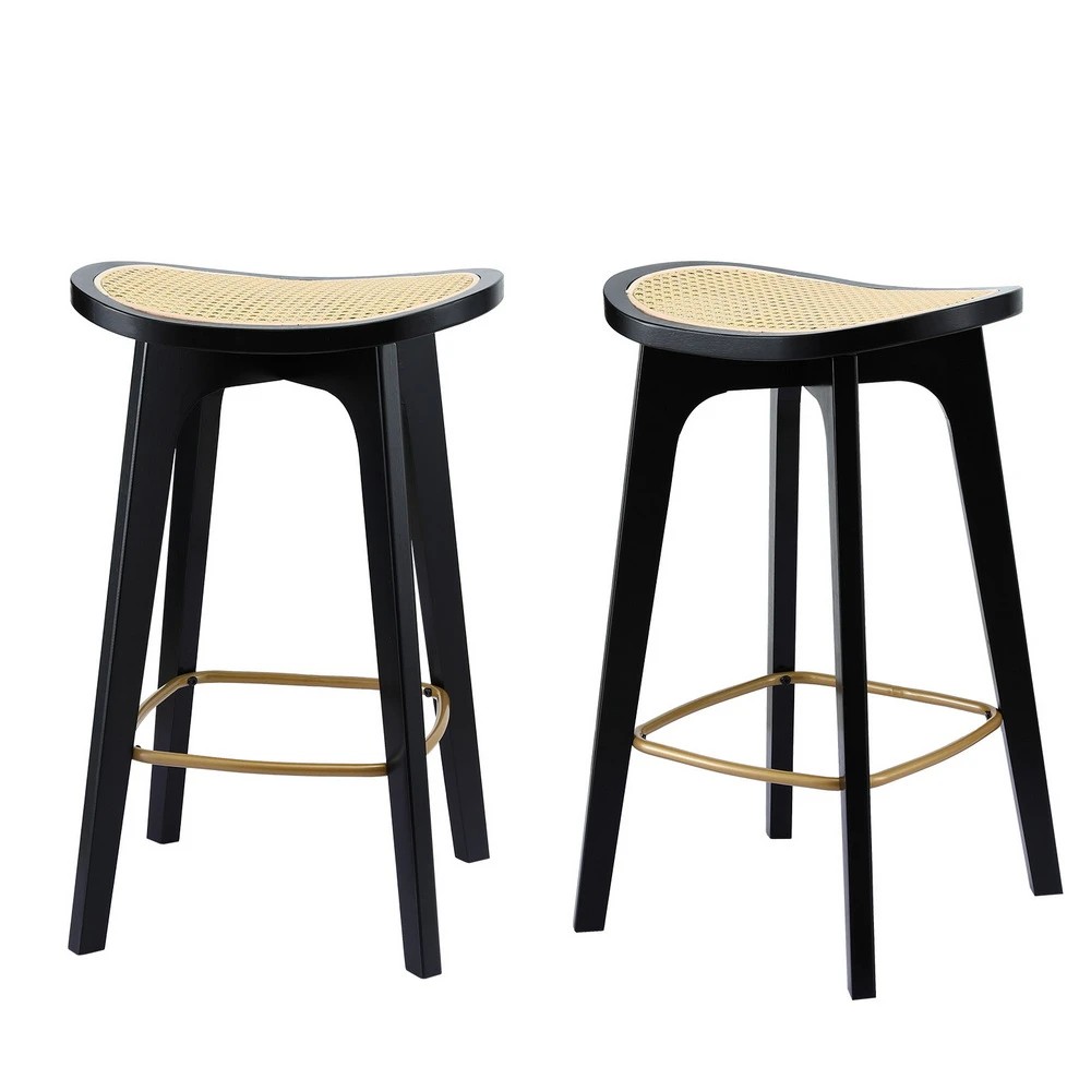1 Artiss 2x Bar Stools Rattan Counter Kitchen Dinning Chair Bamboo Saddle - Black, 1 of 7