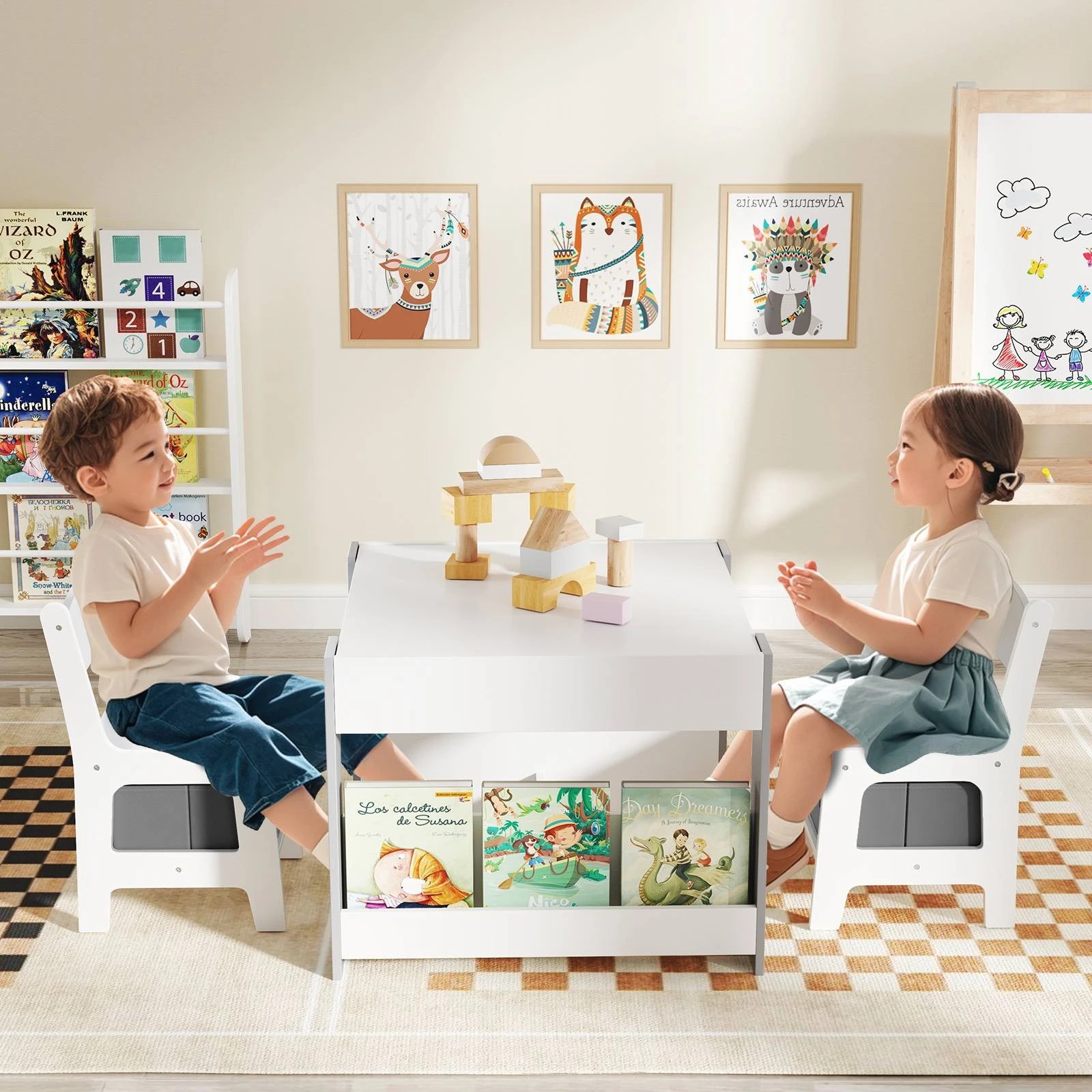 3 Costway 4-in-1 Storage Table & Chair Set Wood Activity Desk Chair - Grey, 3 of 3