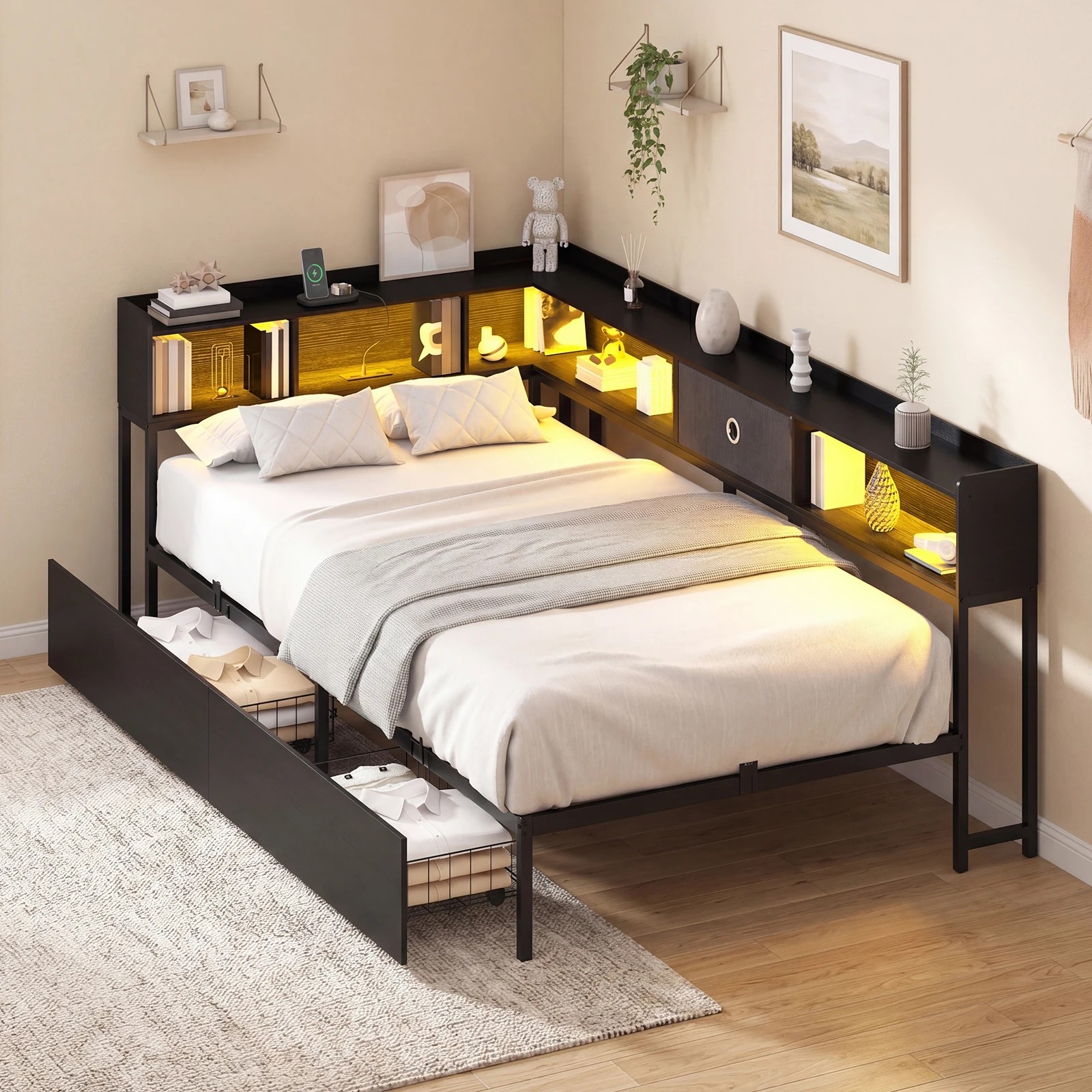 10 Advwin King Single Corner Bed Frame with Storage Drawers, Charging Station and LED Lights - Black, 10 of 10