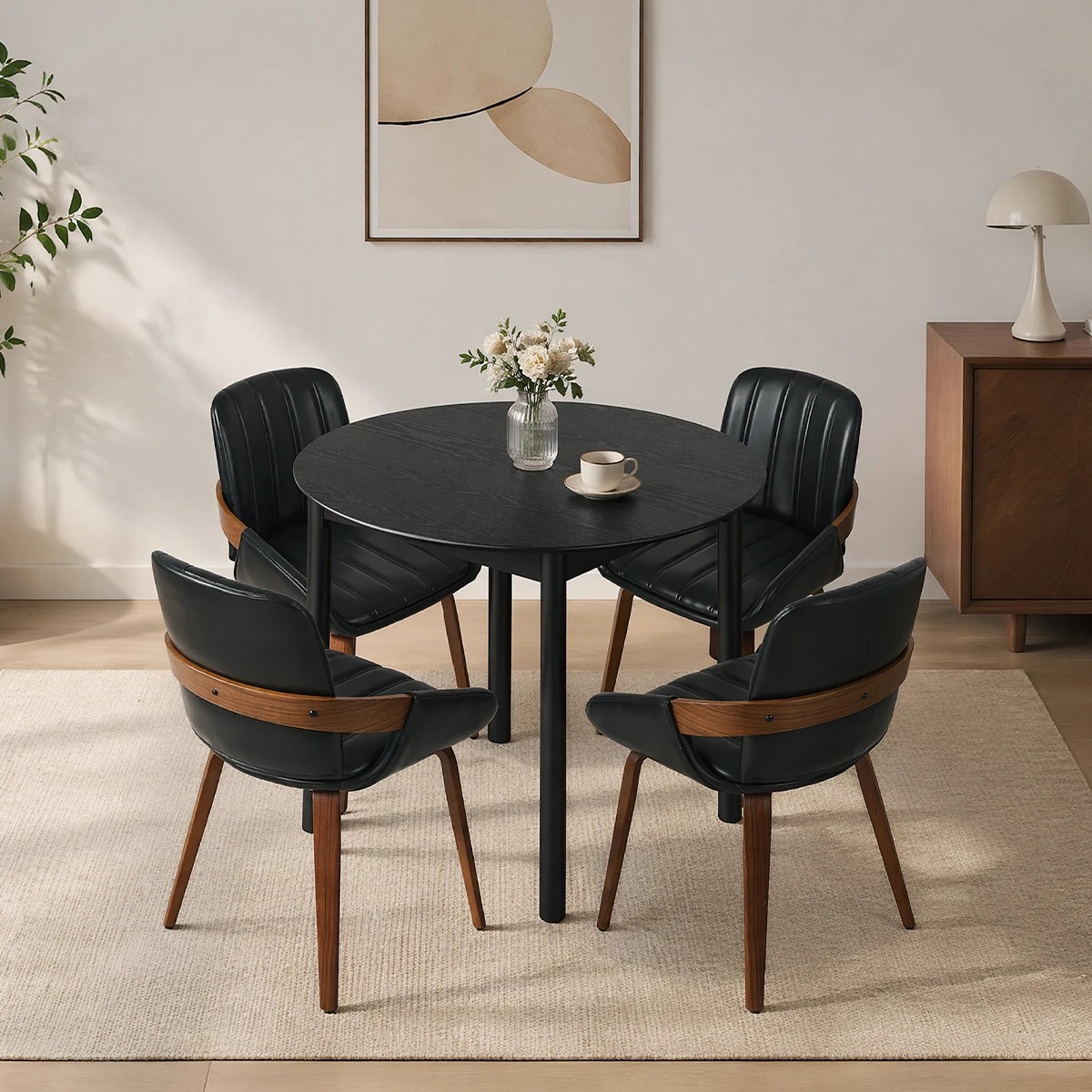 6 Oikiture 5PCS Dining Table Set 100cm Round Table 4 Faux Leather Dining Chairs - Black, 6 of 9