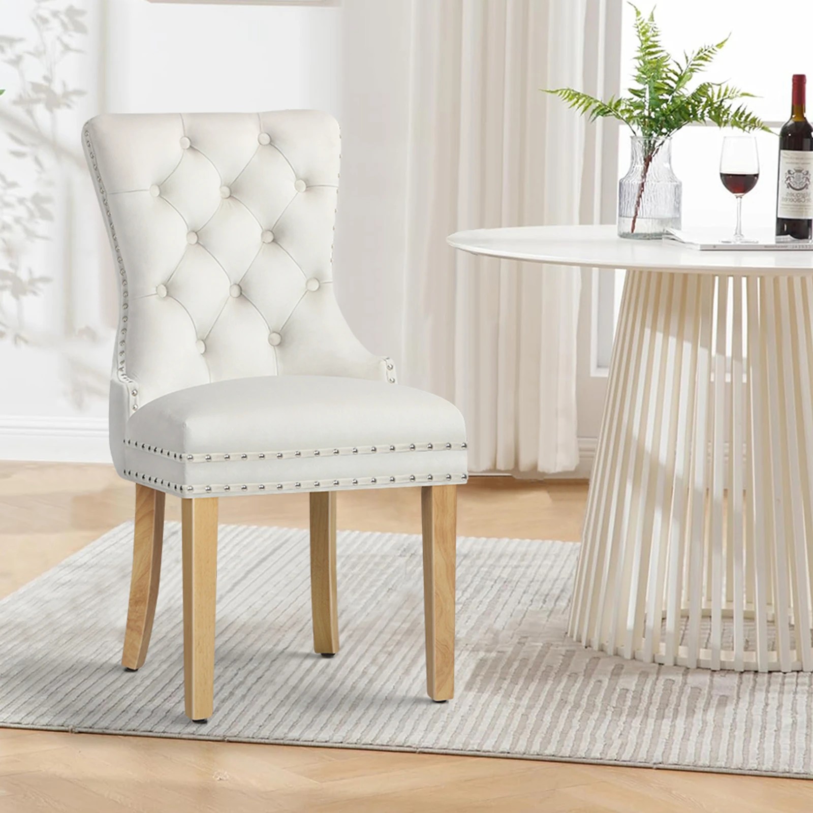 3 Alfordson 2x Dining Chair Kitchen Lounge Retro Button Tufted Wooden Velvet - Beige, 3 of 10