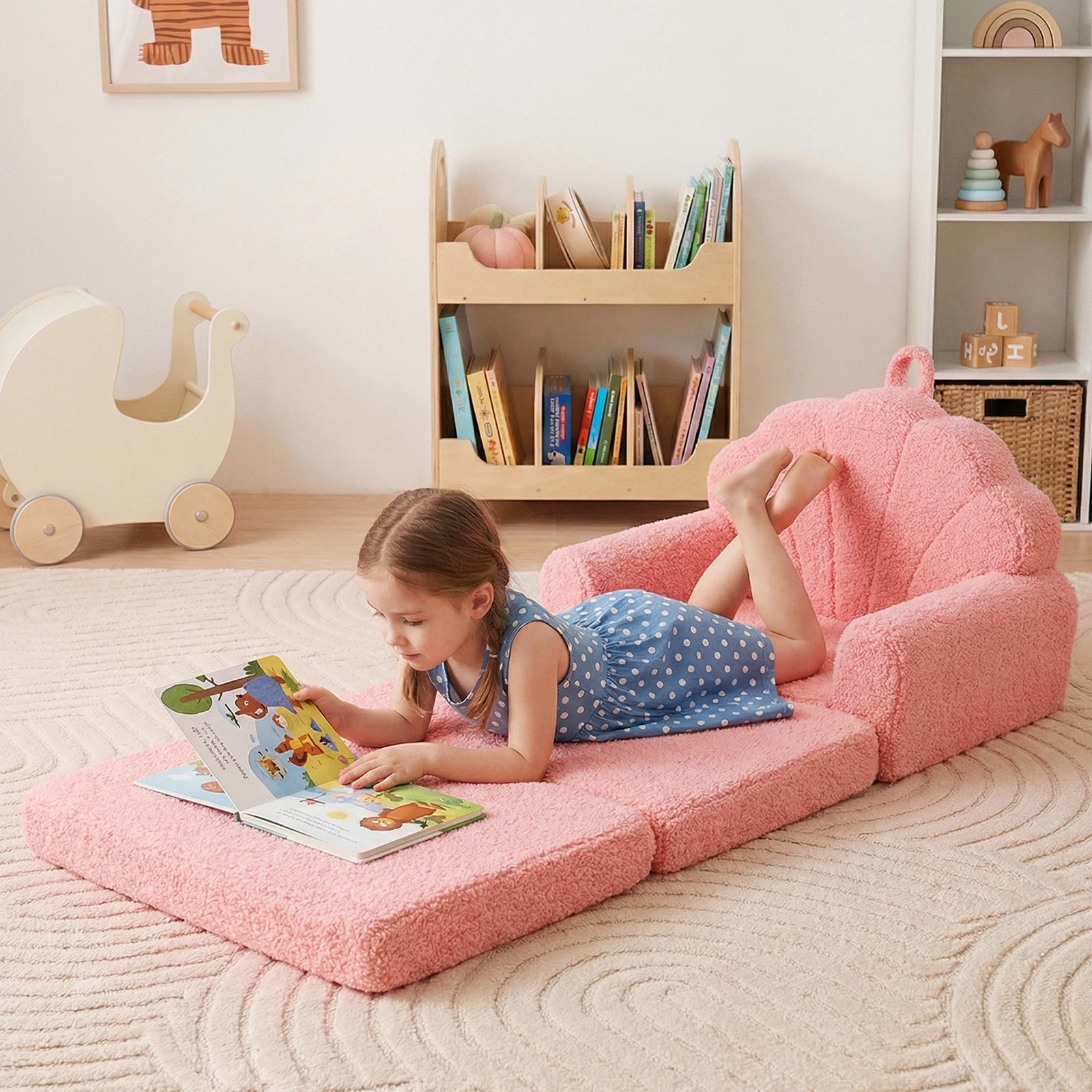 3 Costway Shell Folding Sofa 2-in-1 Flip Out Small Foam Couch Teddy Fleece Lounger - Pink, 3 of 5