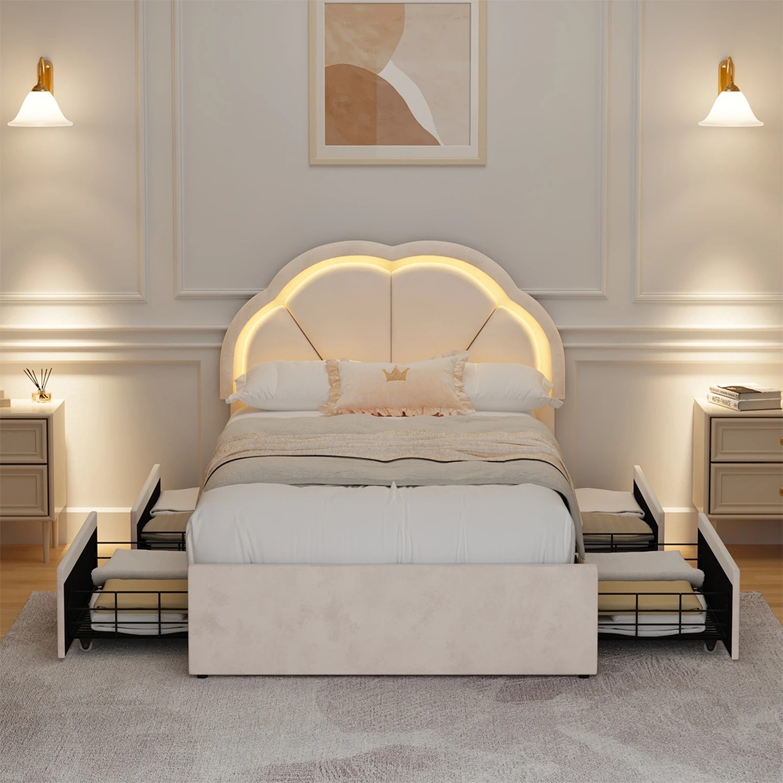 4 Oikiture King Single Size Bed Frame LED Shell Headboard with Drawers - Beige, 4 of 6