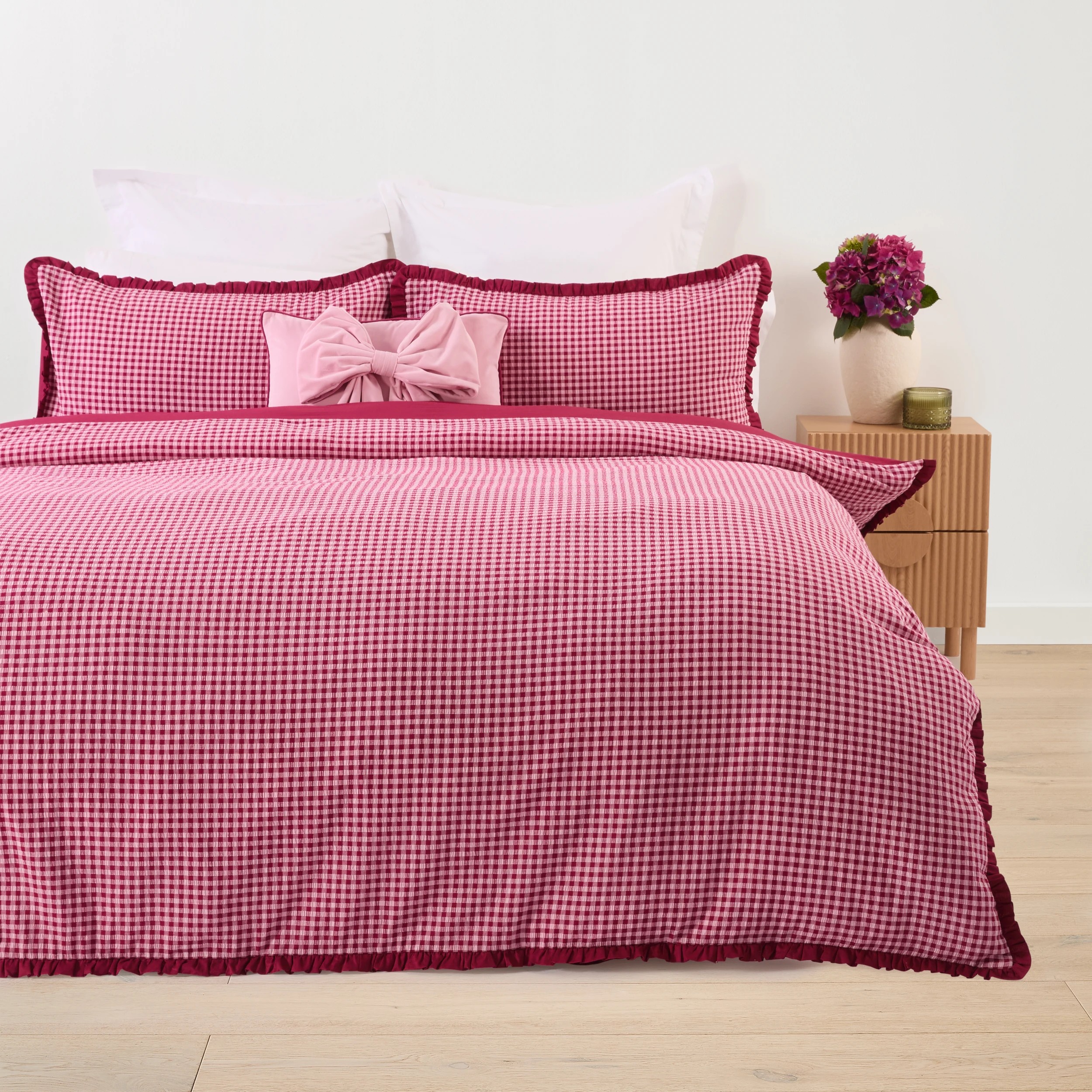 1 Gingham Ruffle Cotton Quilt Cover Set - Double Bed, Berry, 1 of 7