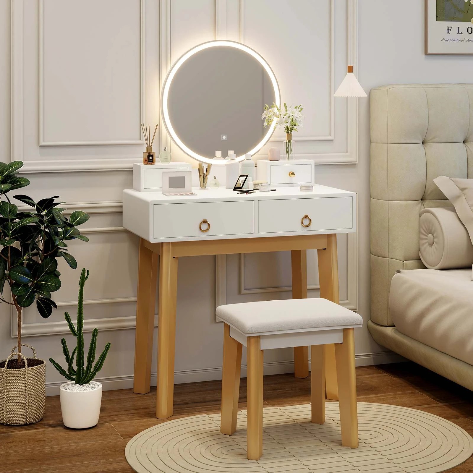 Costway 2-in-1 Computer Dressing Table Vanity Set w/Adjustable LEDs ...