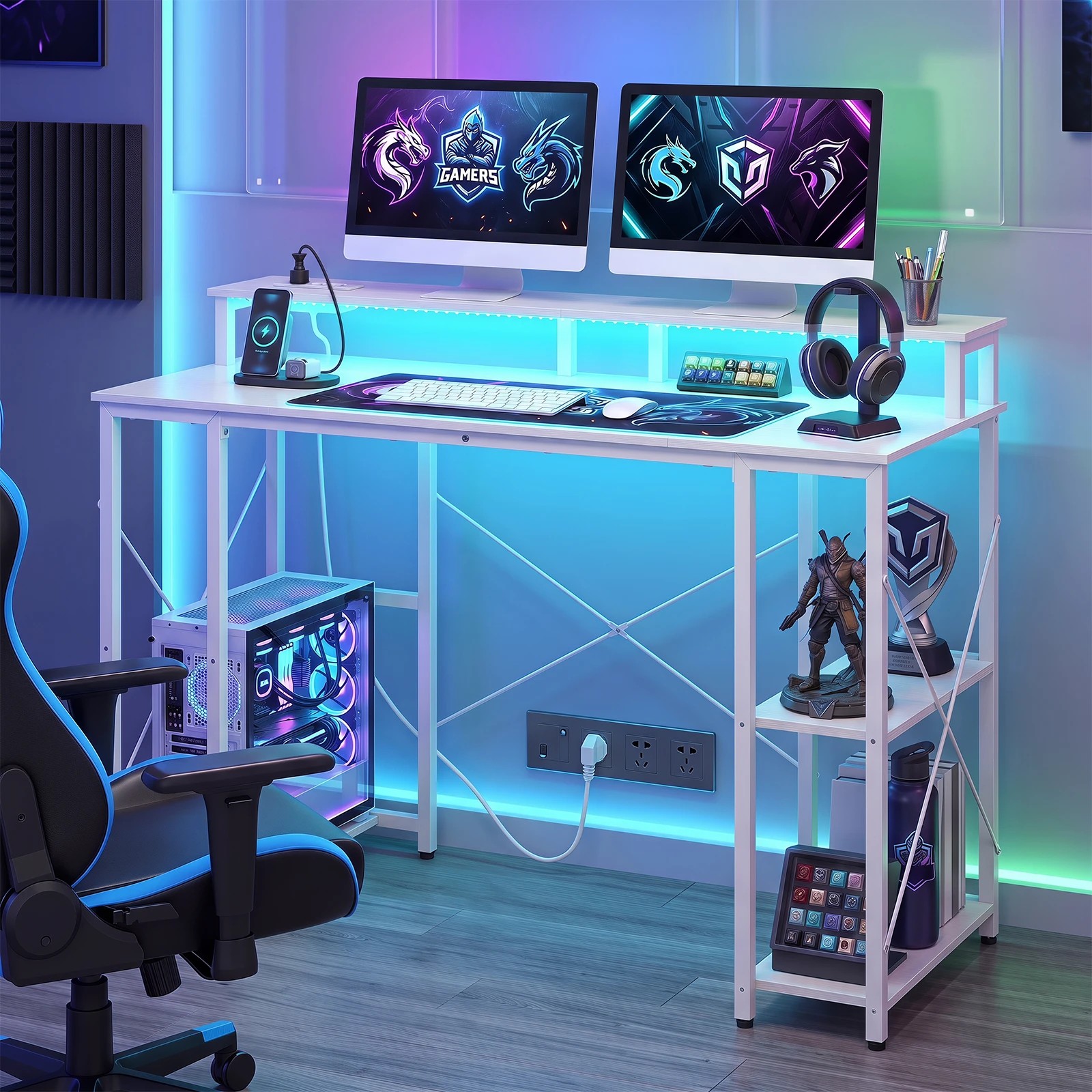 4 Costway 120cm Computer Desk w/Charging Station & LEDs Workstation Gaming Table - White, 4 of 5